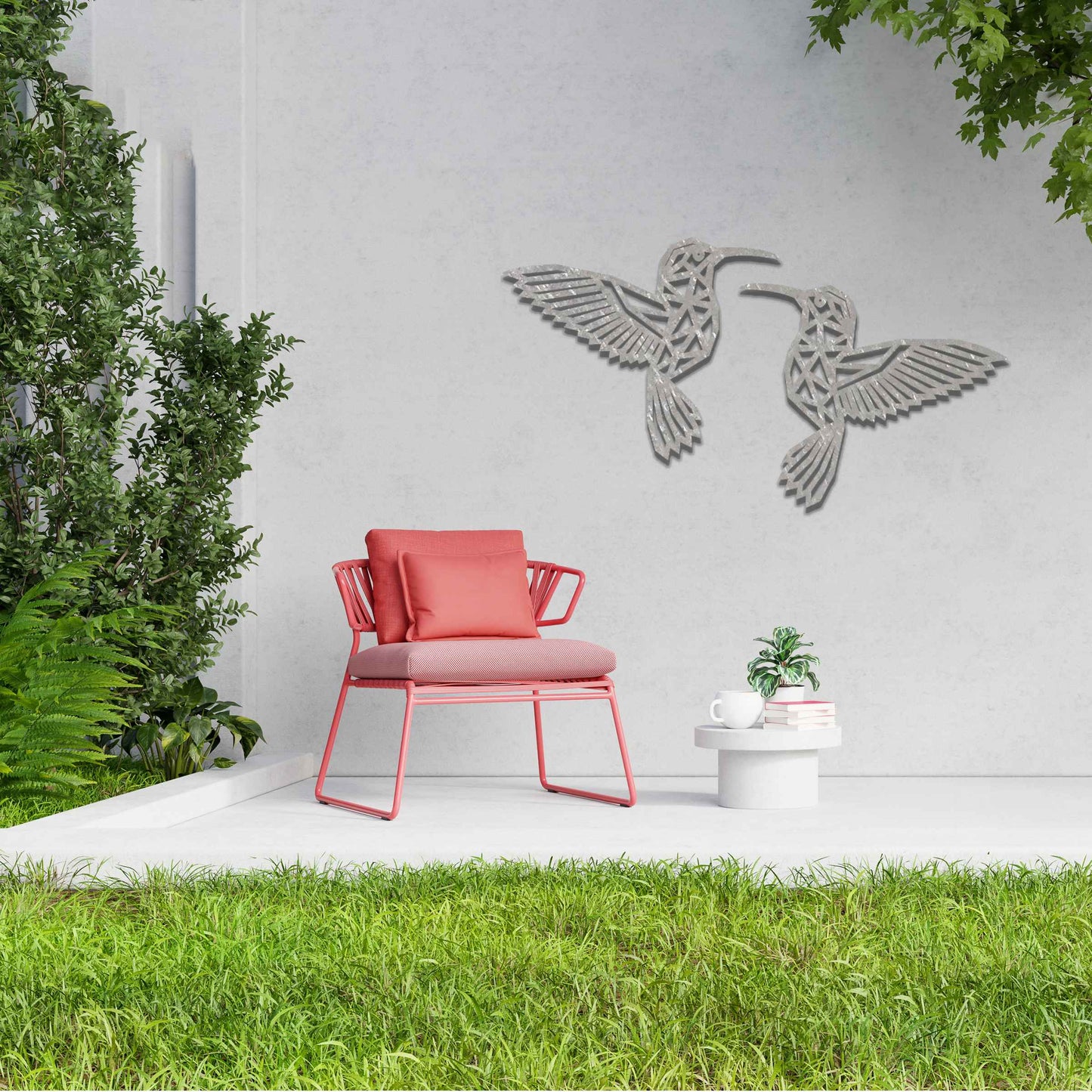 Metal garden decoration featuring two hummingbirds with geometric patterns in a dynamic pose, intricately designed to add elegance and a nature-inspired artistic touch to outdoor walls, fences, or garden sheds