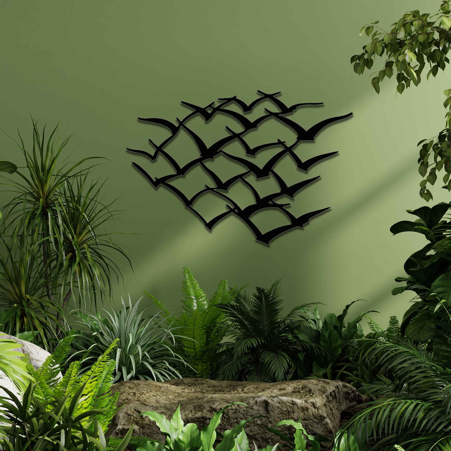 A stunning metal wall art featuring an abstract flock of birds in flight. This dynamic piece brings an element of freedom and movement to your space, complementing lush green surroundings for a serene and modern aesthetic.