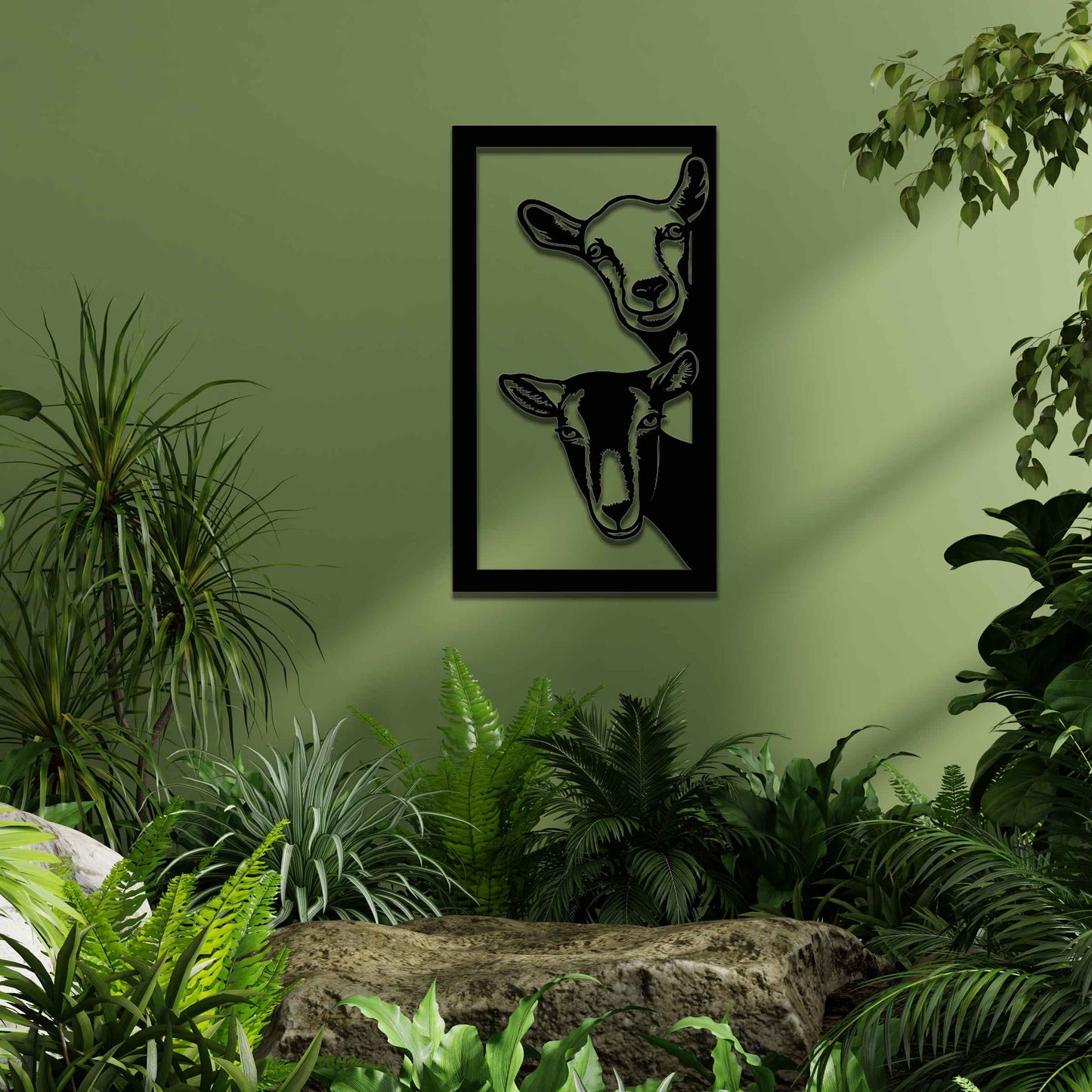 A striking design showcasing the faces of two goats, framed in a vertical panel. The detailed depiction of their expressions brings a unique charm to this modern, rustic wall art piece.