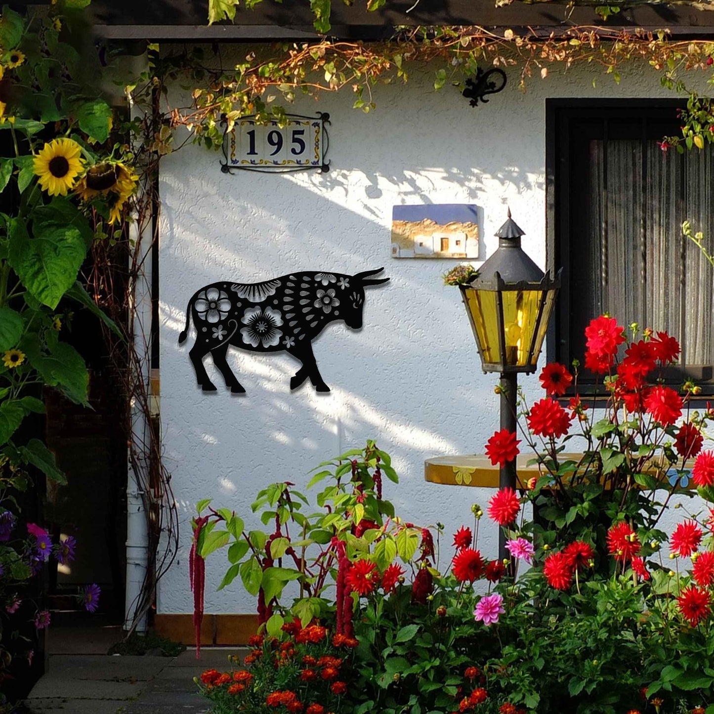 The design showcases a bull adorned with intricate floral patterns, blending natural strength with delicate details. The bold shape of the bull is enhanced by the flower motifs, giving it a unique and artistic appearance.