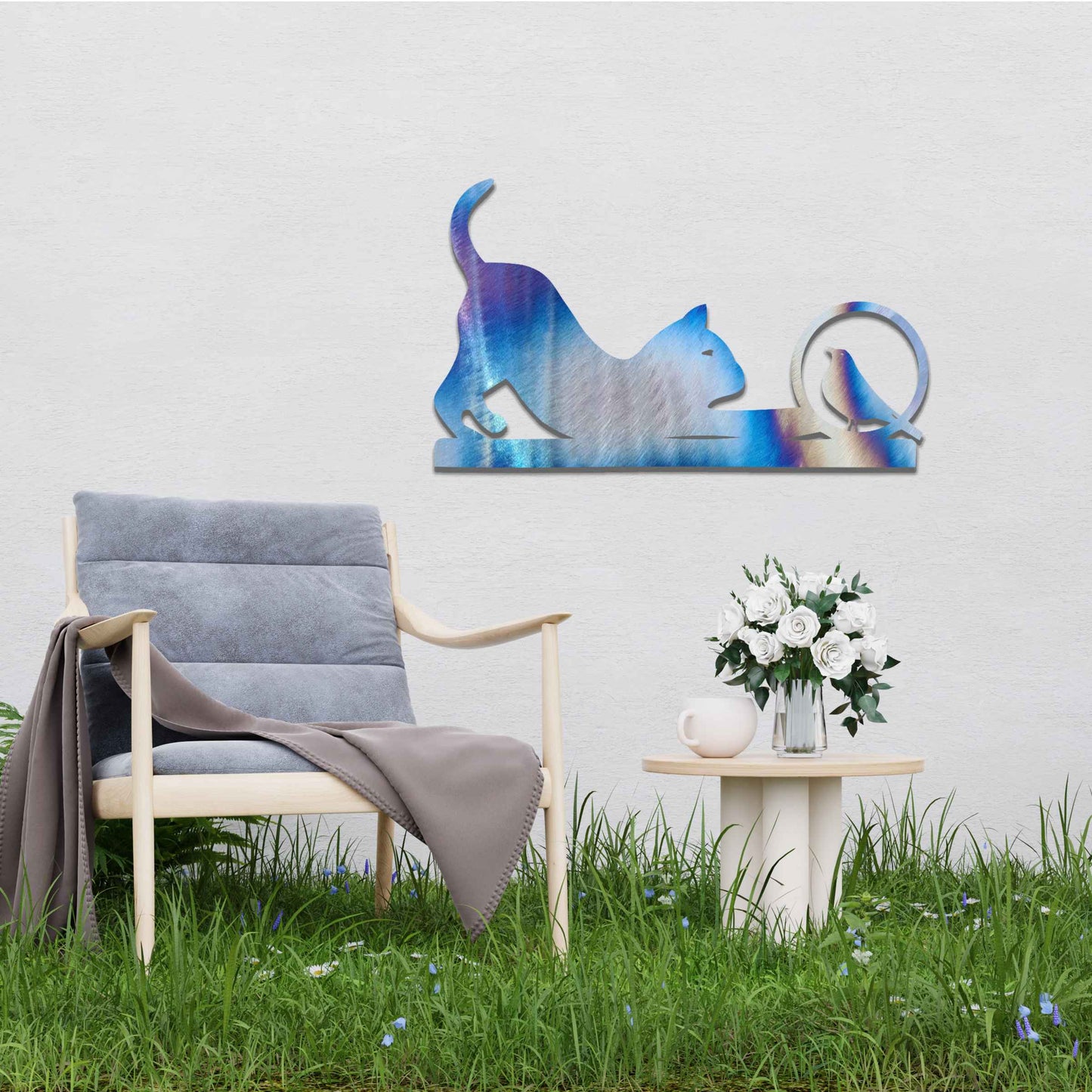 Metal wall art featuring a playful cat crouching in curiosity with a bird perched nearby, perfect for adding a touch of whimsy and nature-inspired charm to your garden, fence, or outdoor decor.