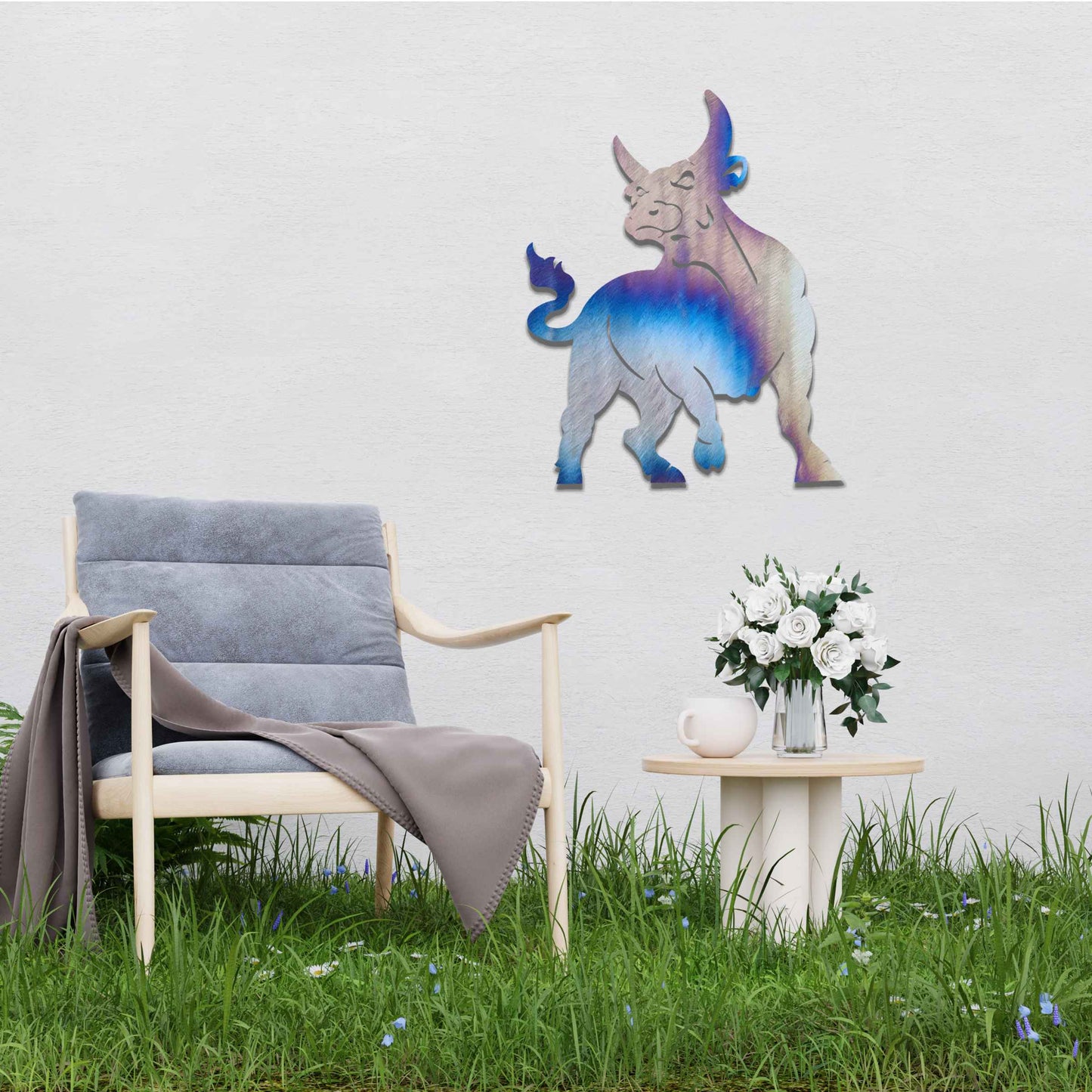 This design features a strong, dynamic bull with bold lines emphasizing its muscular structure and stance. The bull is depicted in an alert, powerful pose, capturing its essence of energy and determination.
