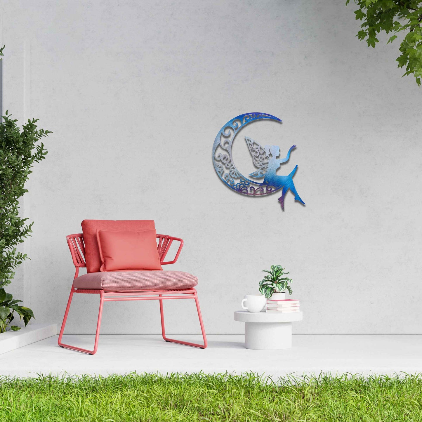 This artwork features a fairy gracefully seated on a crescent moon, her wings adorned with swirling floral patterns. The design captures a sense of peace and serenity, with the intricate details enhancing the enchanting nature of the scene.
