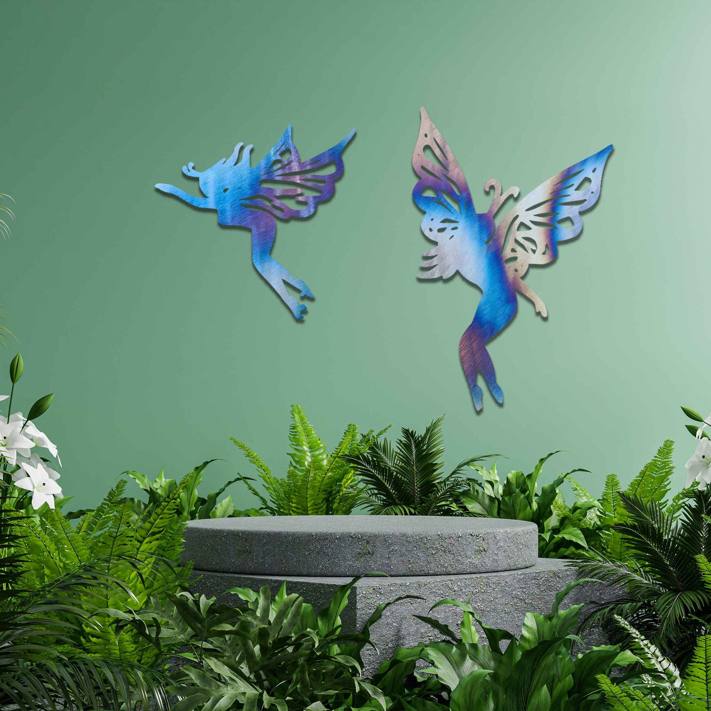 The image depicts two graceful fairies with intricate wings, suspended in mid-air. Their delicate, elegant figures evoke a sense of lightness and magic, adding a whimsical touch to any space, perfect for creating an enchanting atmosphere.