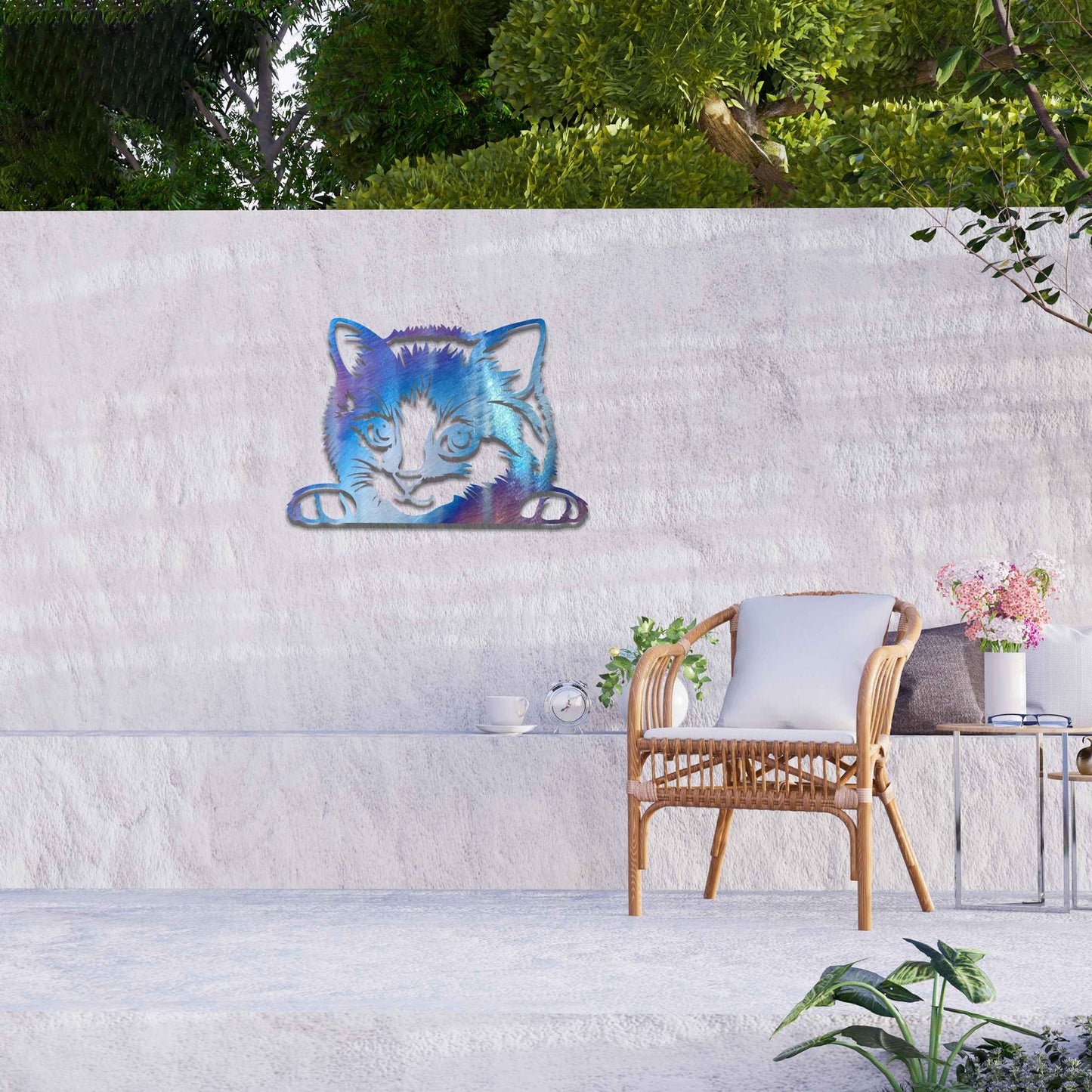 Metal garden decoration featuring a detailed depiction of a curious cat peeking over a ledge, adding a playful and charming touch to outdoor walls, fences, or garden spaces.
