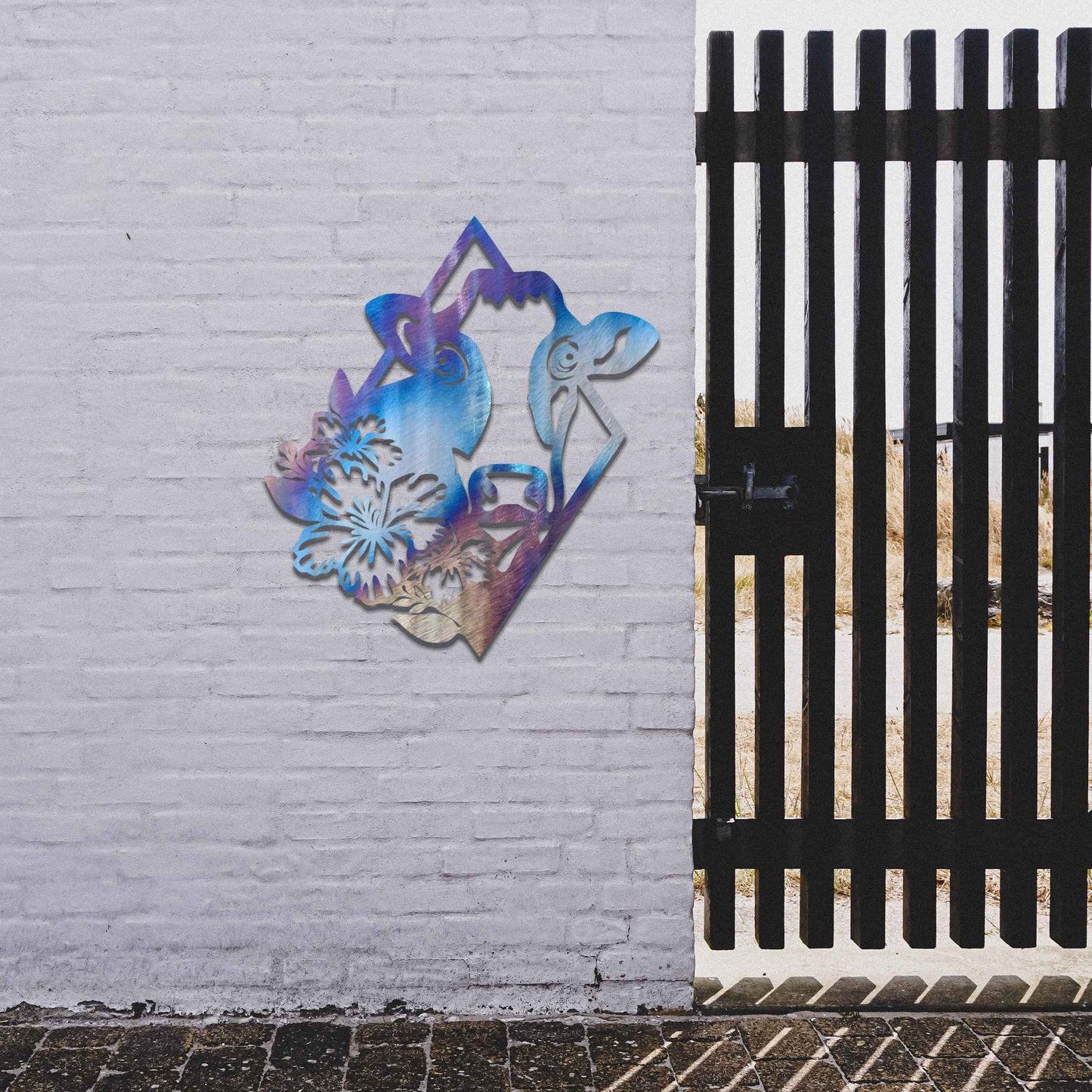 The design features a cow's face framed by a geometric shape, with flowers on its side, combining natural and abstract elements in a modern, stylized way.