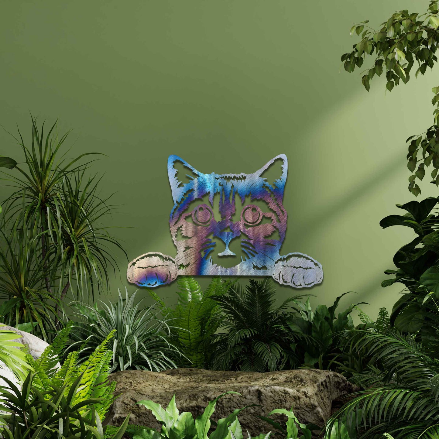 A charming metal wall art piece featuring an adorable cat peeking over a surface, its wide eyes and paws reaching out, adding a playful and endearing touch to modern home decor.