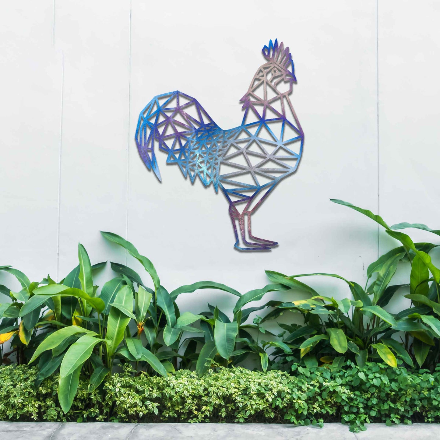Geometric rooster wall art in a triangular design, made of metal. The rooster is intricately designed with sharp, angular lines that form its body, creating a modern and stylish piece perfect for contemporary spaces.