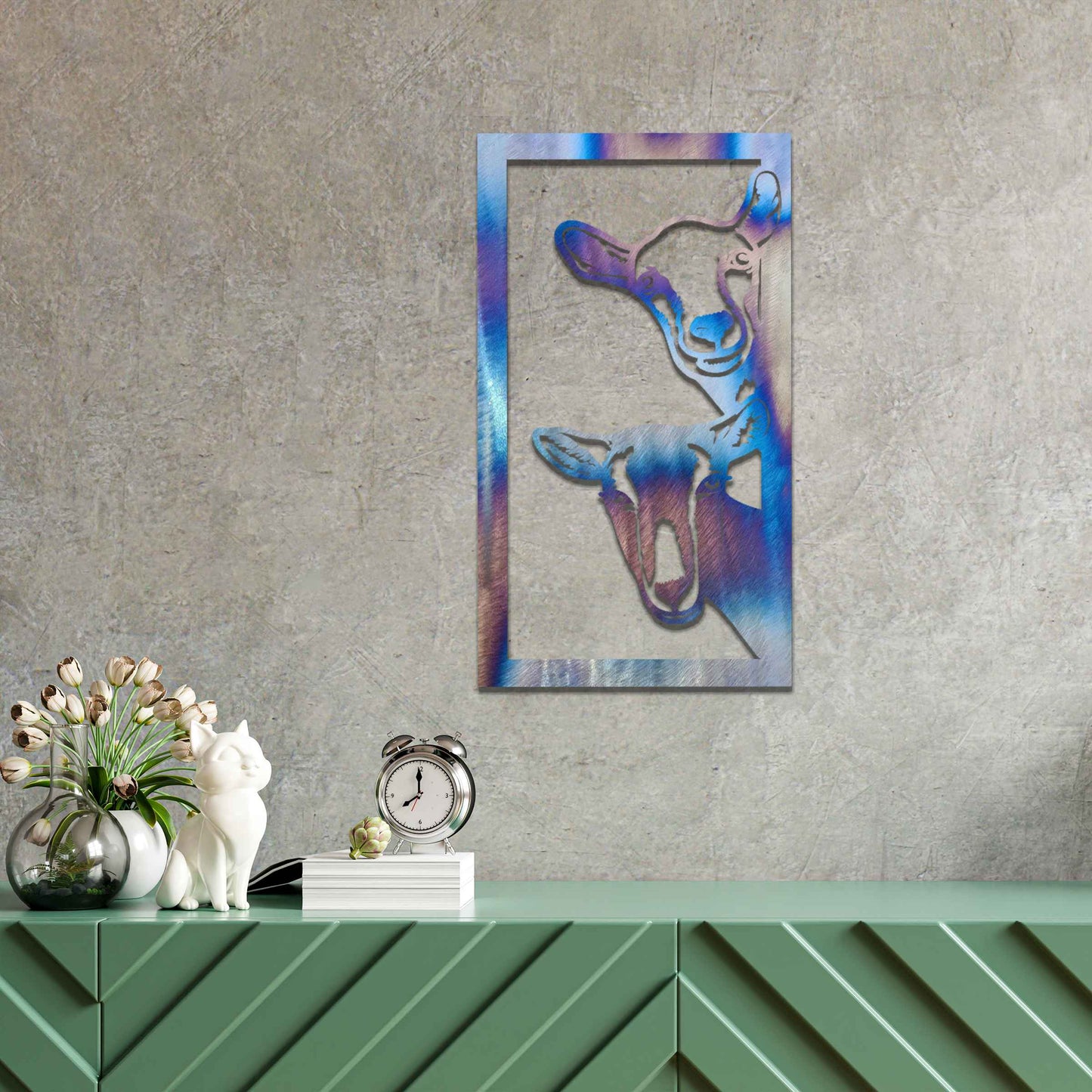 A striking design showcasing the faces of two goats, framed in a vertical panel. The detailed depiction of their expressions brings a unique charm to this modern, rustic wall art piece.