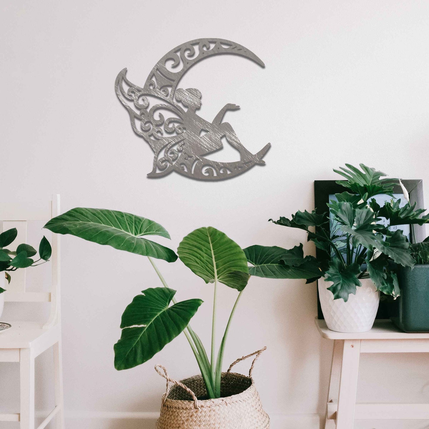 This design features a fairy seated gracefully on a crescent moon, with intricate, swirling patterns on the moon and the fairy’s wings. The detailed curves and flowing lines of the design create a whimsical, peaceful atmosphere, perfect for adding a touch of magic to any room.