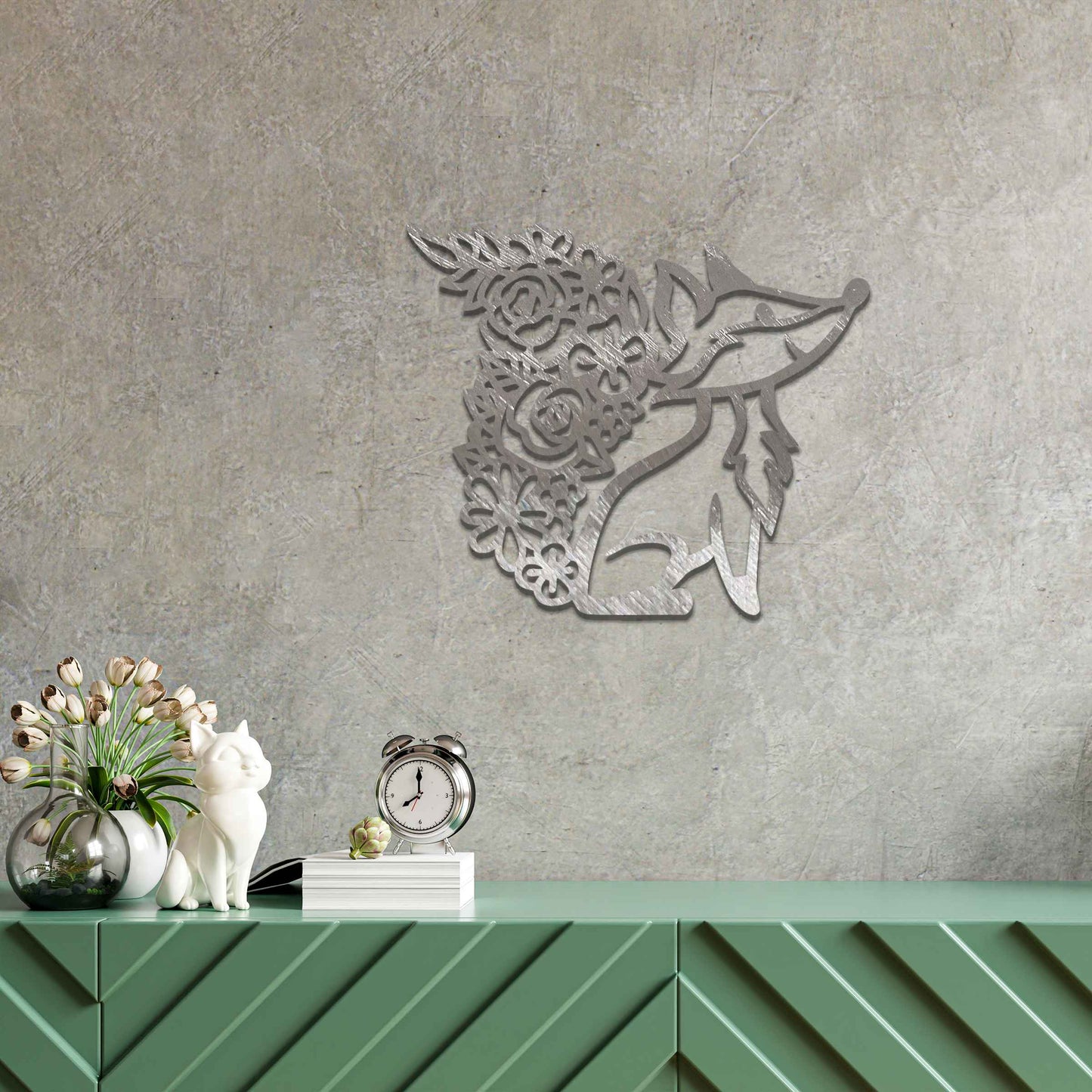 Metal wall decoration featuring a fox silhouette with a floral-patterned tail, crafted with intricate cutout details and a rustic finish, adding a whimsical and elegant touch to indoor or outdoor spaces.
