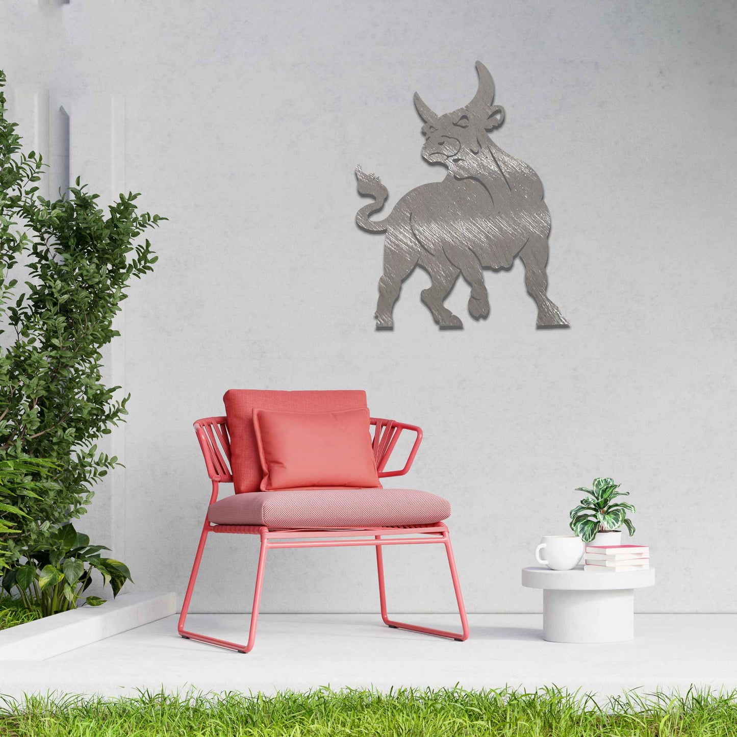 This design features a strong, dynamic bull with bold lines emphasizing its muscular structure and stance. The bull is depicted in an alert, powerful pose, capturing its essence of energy and determination.