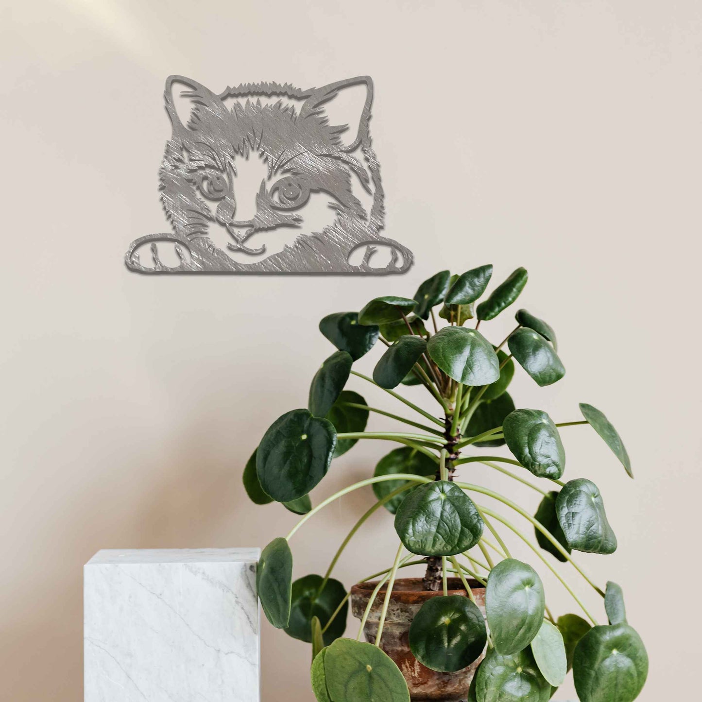Metal garden decoration featuring a detailed depiction of a curious cat peeking over a ledge, adding a playful and charming touch to outdoor walls, fences, or garden spaces.