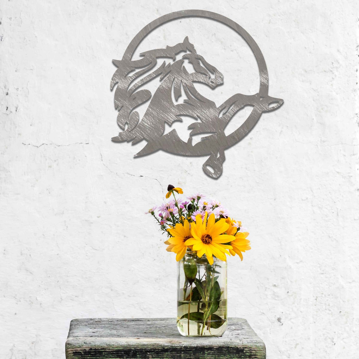 The artwork showcases a dynamic horse in motion, framed within a circular design. The flowing mane and powerful stance capture the spirit of freedom and strength as the horse leaps gracefully.