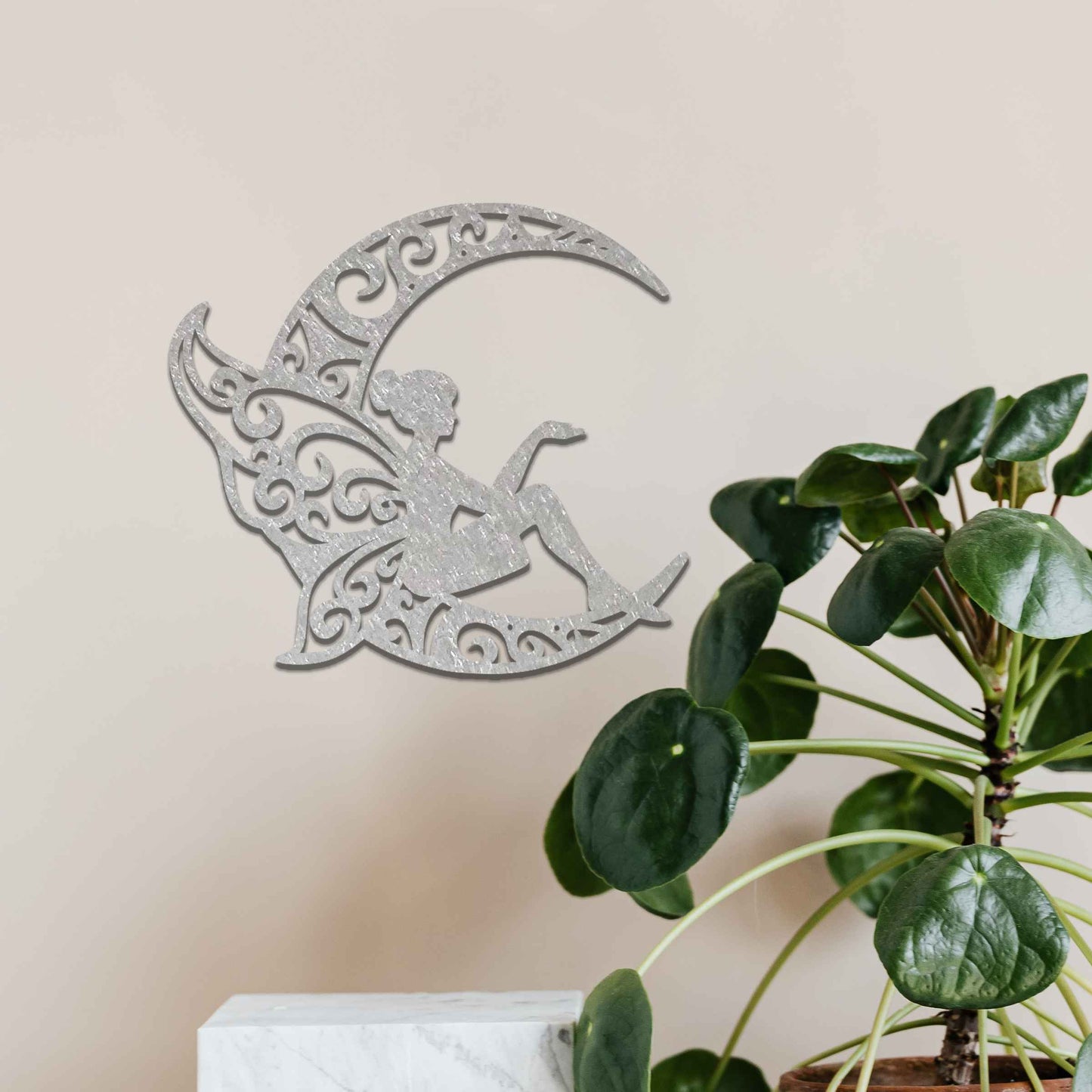 This design features a fairy seated gracefully on a crescent moon, with intricate, swirling patterns on the moon and the fairy’s wings. The detailed curves and flowing lines of the design create a whimsical, peaceful atmosphere, perfect for adding a touch of magic to any room.