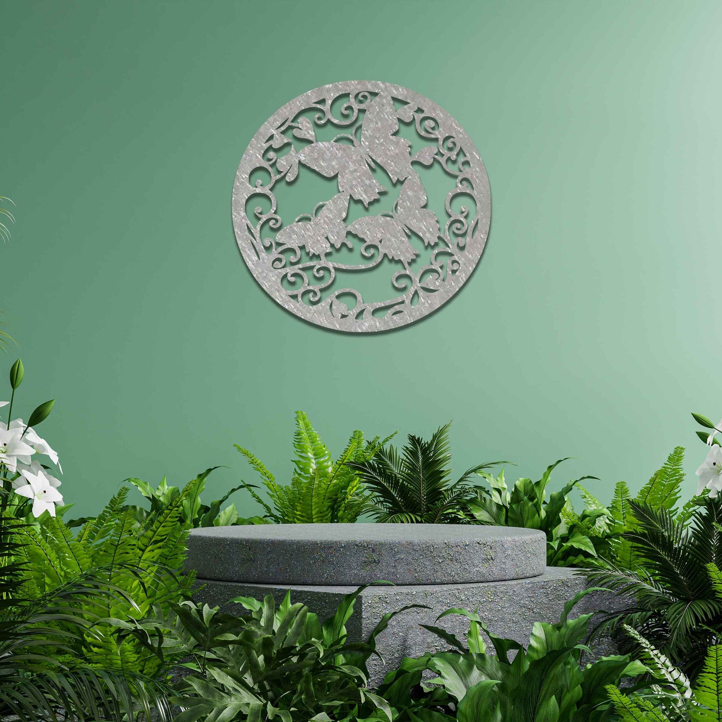 Metal garden decoration featuring a circular design with intricate butterflies and swirling vine patterns, adding a touch of elegance and nature-inspired artistry to outdoor or indoor spaces.