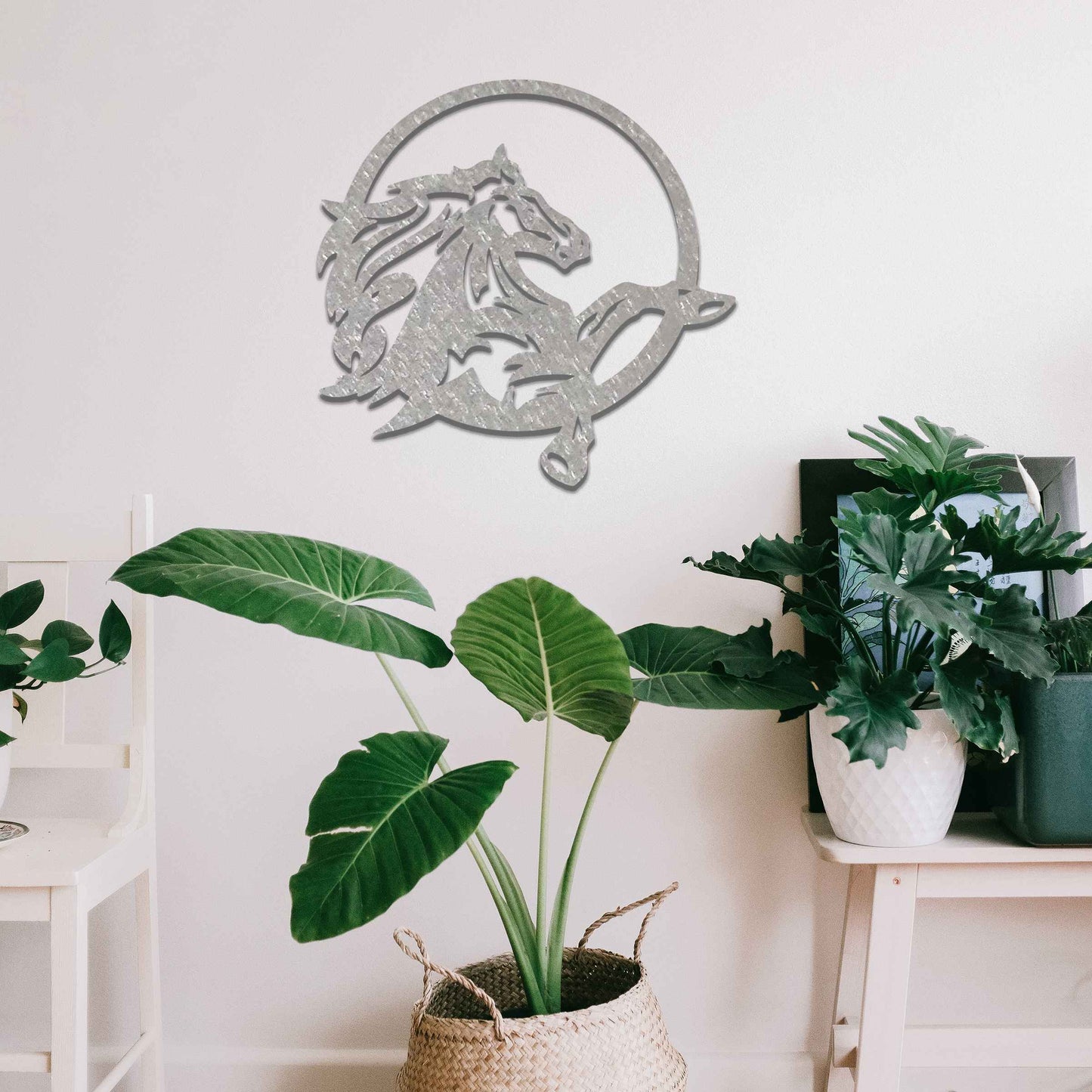 The artwork showcases a dynamic horse in motion, framed within a circular design. The flowing mane and powerful stance capture the spirit of freedom and strength as the horse leaps gracefully.