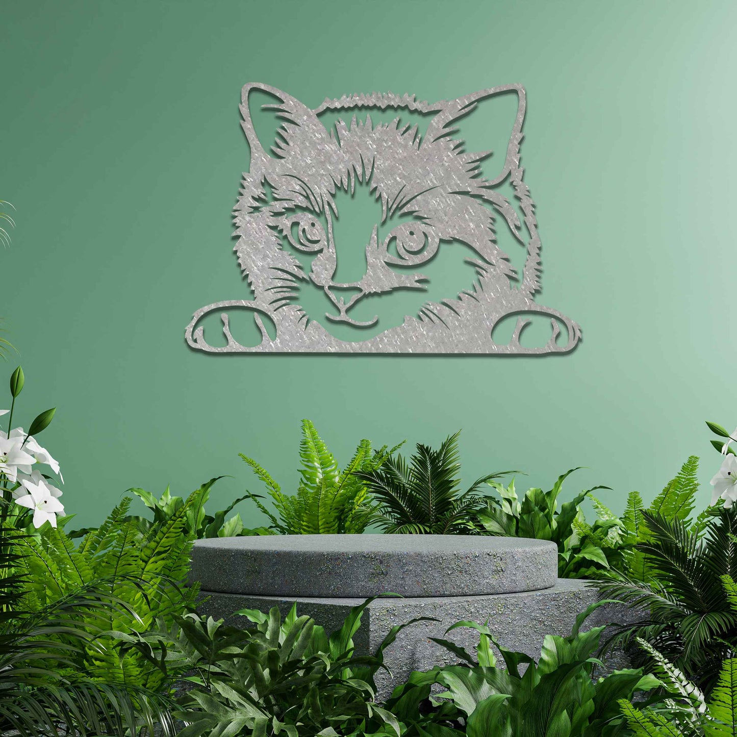 Metal garden decoration featuring a detailed depiction of a curious cat peeking over a ledge, adding a playful and charming touch to outdoor walls, fences, or garden spaces.