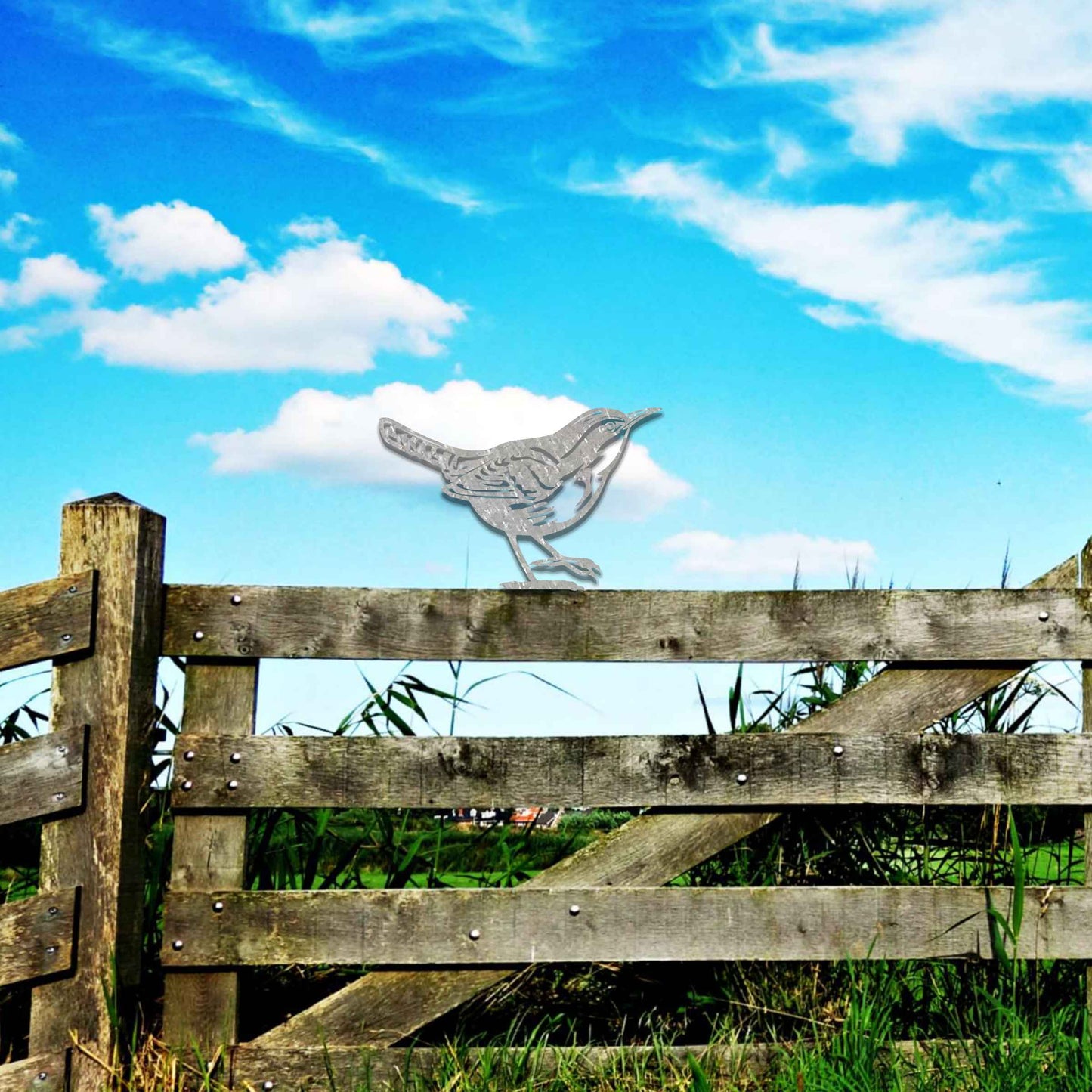 Metal garden decoration featuring a wren silhouette with intricate cutout details and a rustic finish, designed to sit atop fences or posts, adding a delicate and natural charm to outdoor spaces.