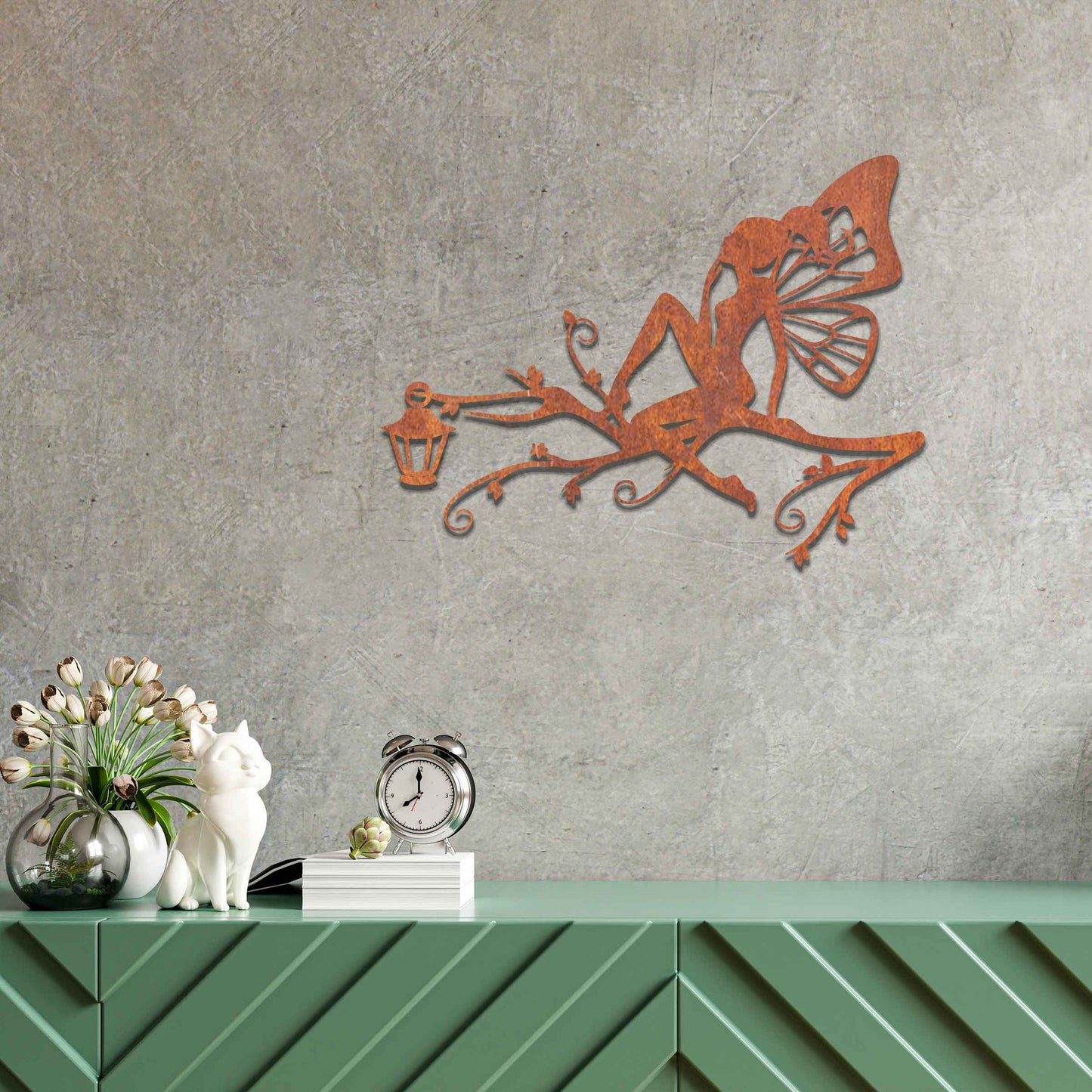 This design features a fairy seated elegantly on a tree branch with intricate vines, accompanied by a charming lantern. The detailed wings and graceful pose of the fairy add a magical, whimsical touch to the piece.