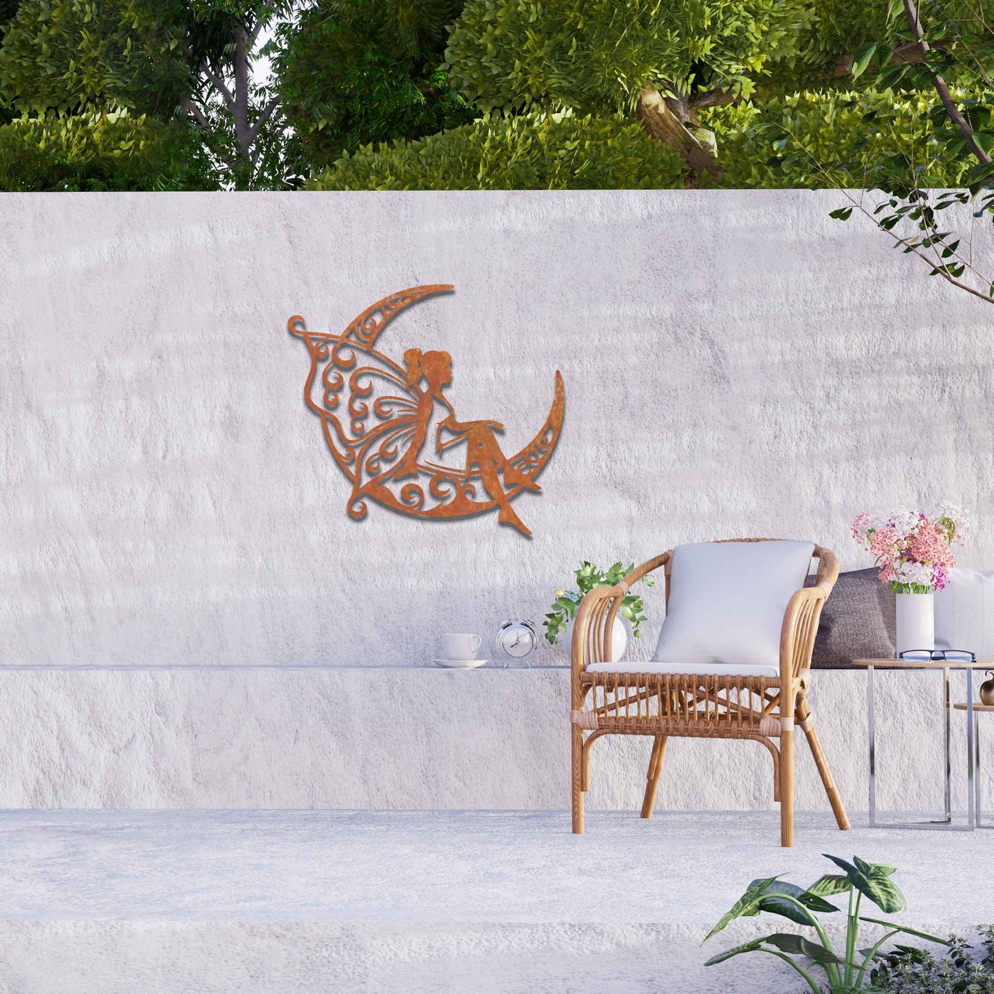 This design shows a fairy sitting on a crescent moon, with elegantly detailed, swirling patterns adorning both the moon and her wings. The graceful pose of the fairy and the intricate designs create a dreamy and whimsical atmosphere, perfect for adding a touch of magic to any space.