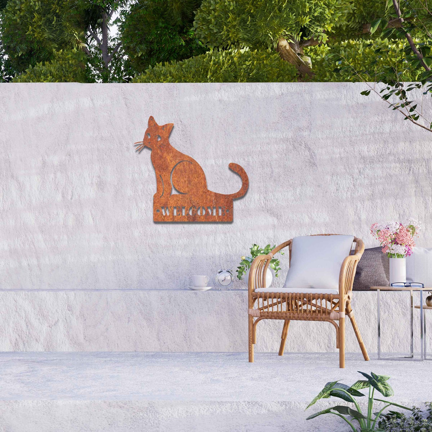 Metal garden decoration featuring a sleek sitting cat silhouette with a personalised address plaque, combining practicality with artistic charm for outdoor walls, fences, or gates.