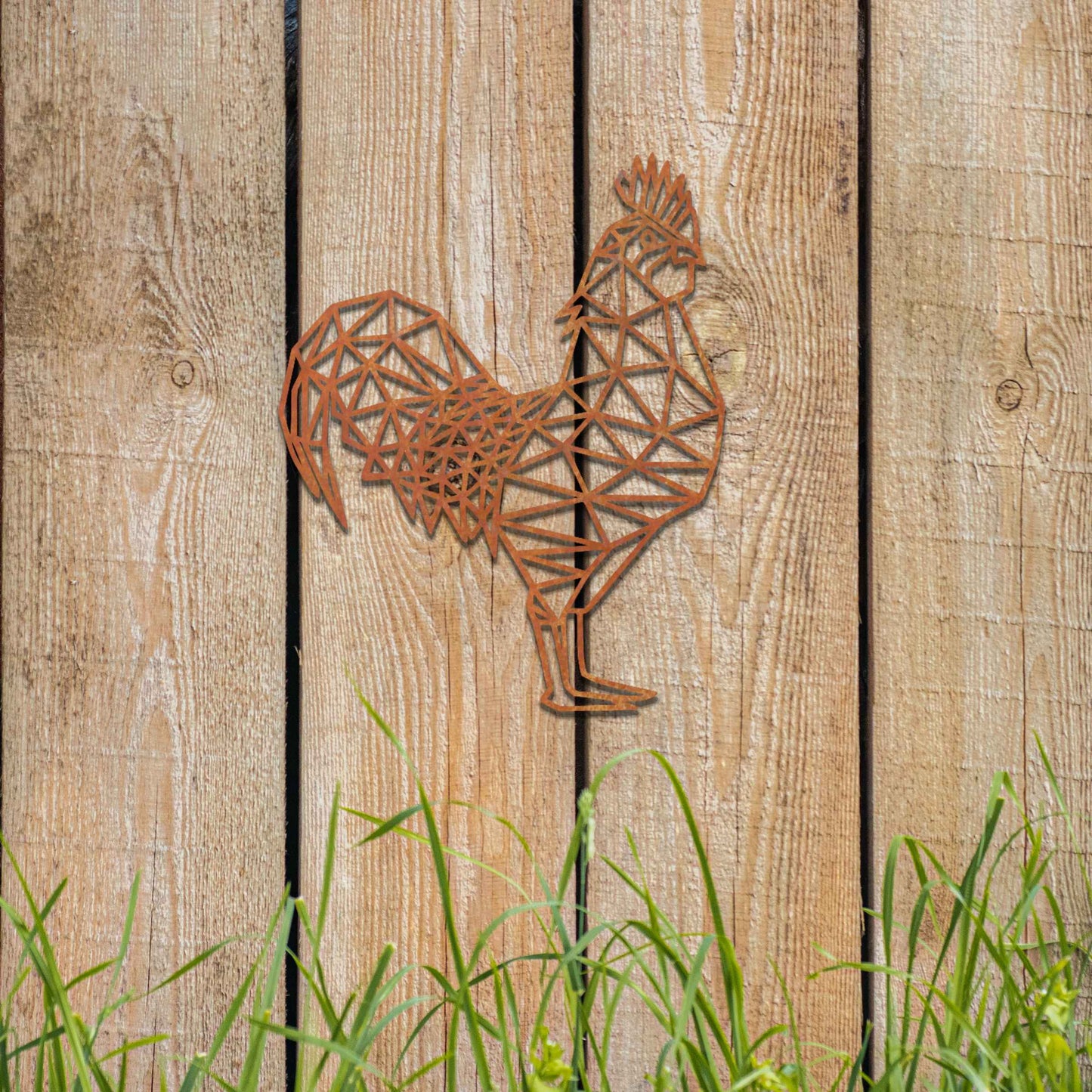 Geometric rooster wall art in a triangular design, made of metal. The rooster is intricately designed with sharp, angular lines that form its body, creating a modern and stylish piece perfect for contemporary spaces.