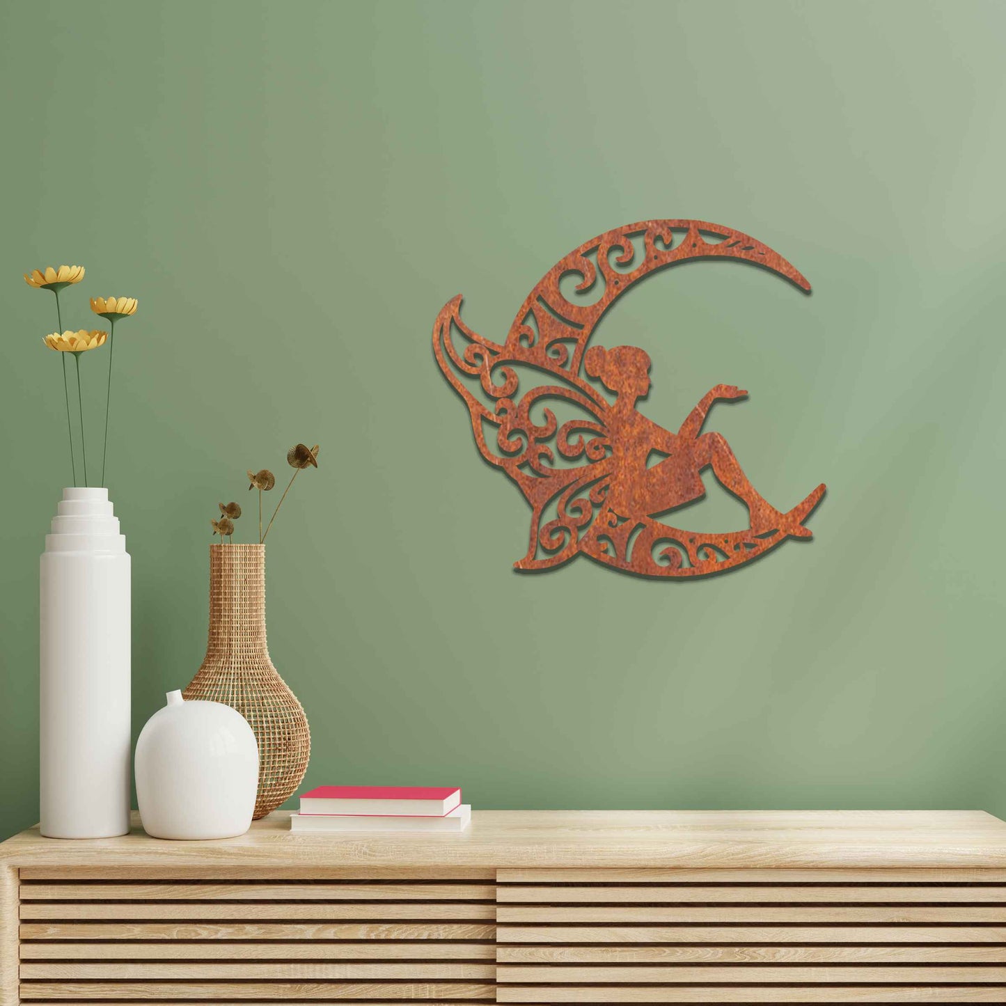 This design features a fairy seated gracefully on a crescent moon, with intricate, swirling patterns on the moon and the fairy’s wings. The detailed curves and flowing lines of the design create a whimsical, peaceful atmosphere, perfect for adding a touch of magic to any room.