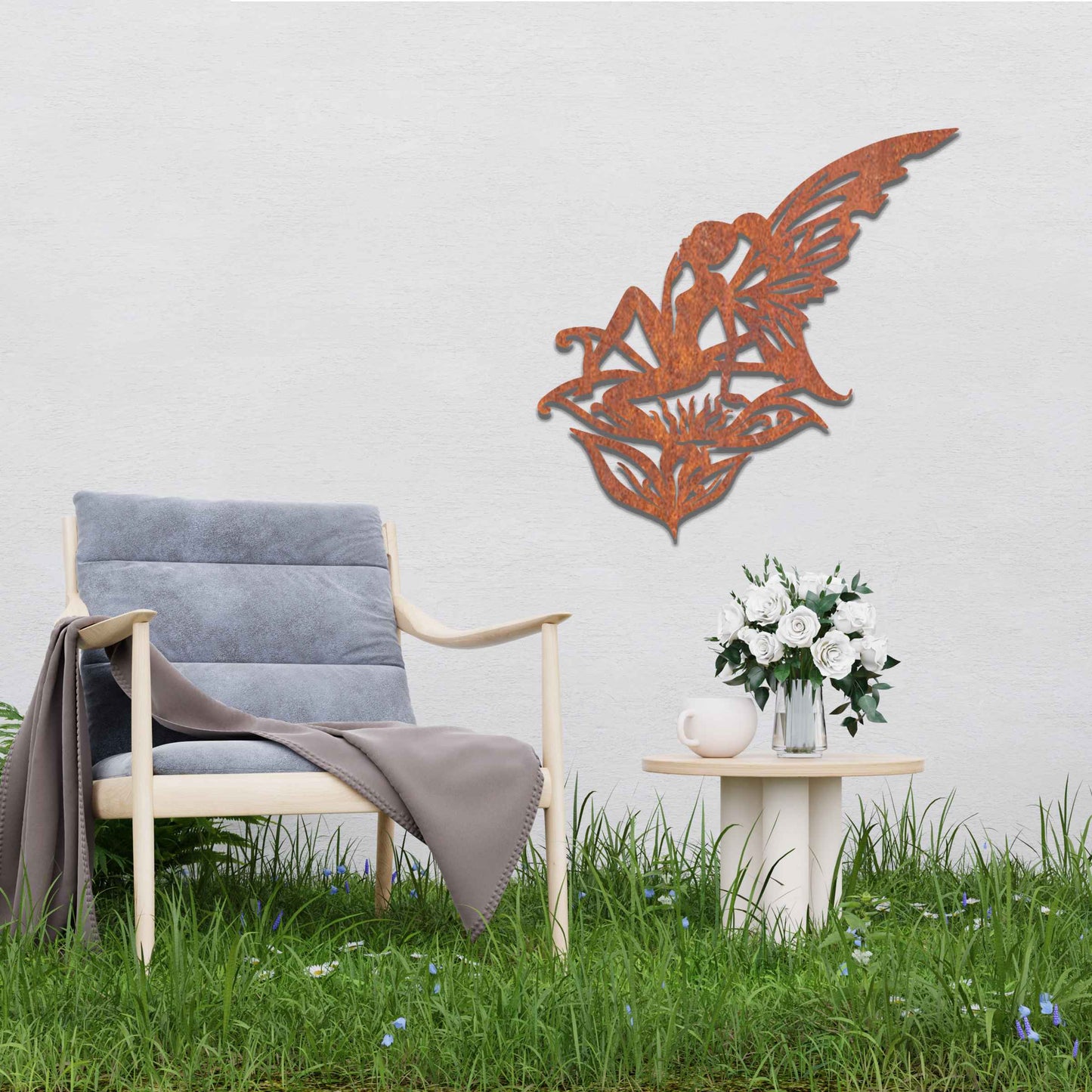 This design features a fairy perched gracefully on a stylized flower, with delicate wings outstretched. The intricate patterns on the wings and the fluid lines of the fairy's pose create a sense of ethereal beauty and enchantment.