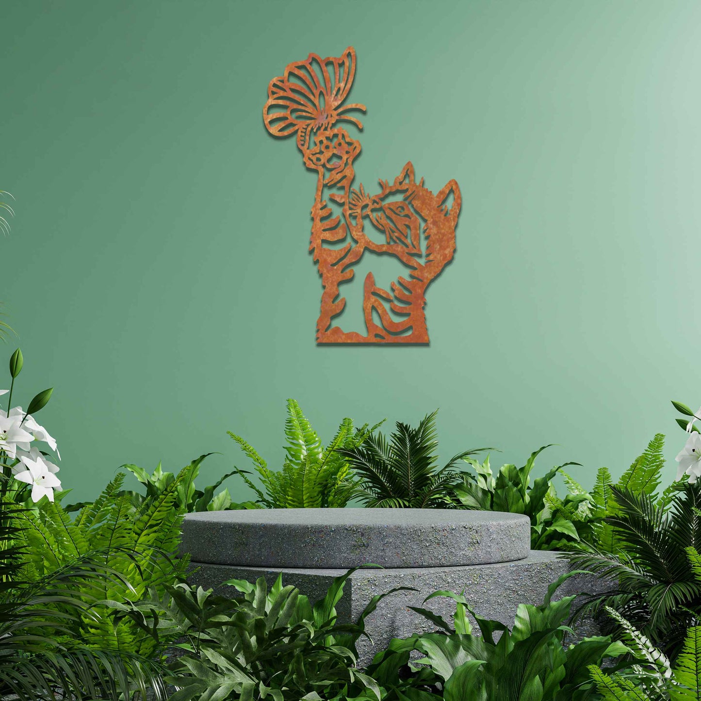 Metal wall art featuring a curious kitten playfully reaching for a butterfly, adding a delightful touch of charm and whimsy to modern indoor or outdoor decor, displayed on a neutral wall.