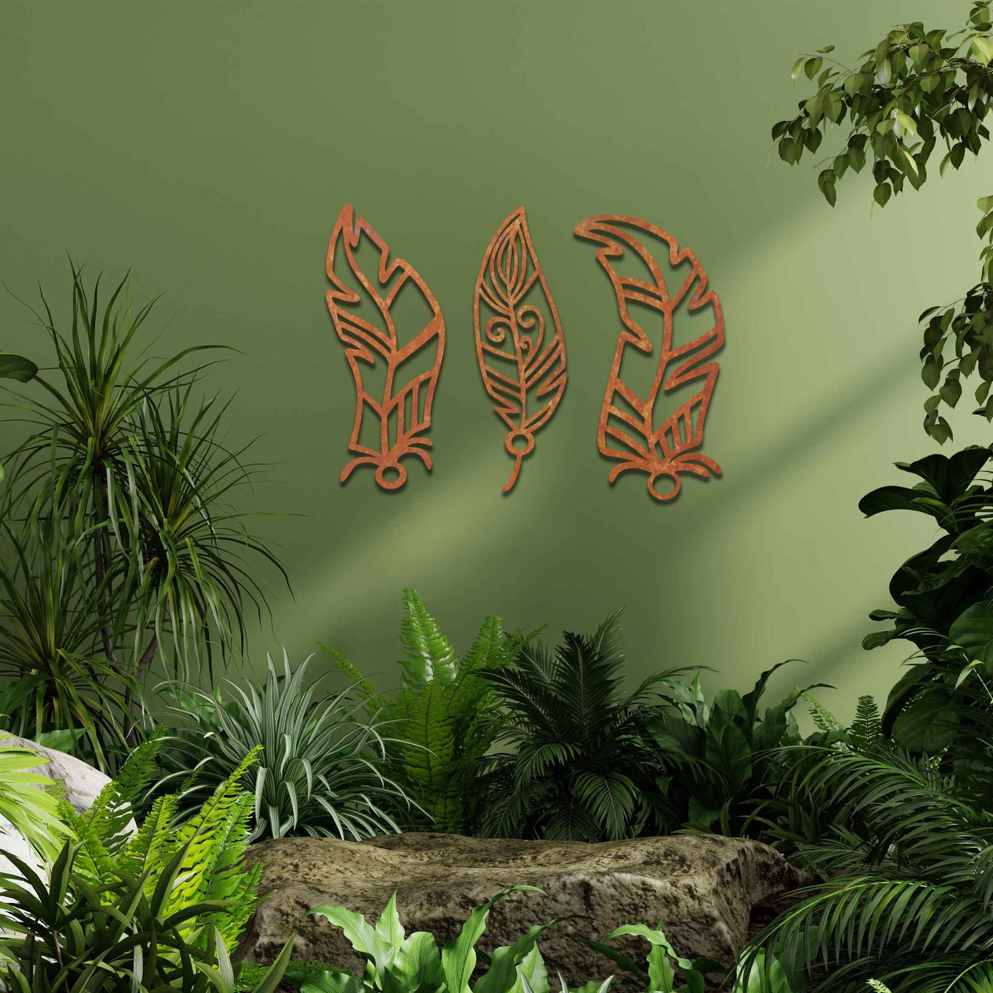 This design features three elegantly styled feathers, each with intricate patterns. The flowing lines and curved shapes give a sense of movement, making the artwork a beautiful representation of nature's delicate beauty.