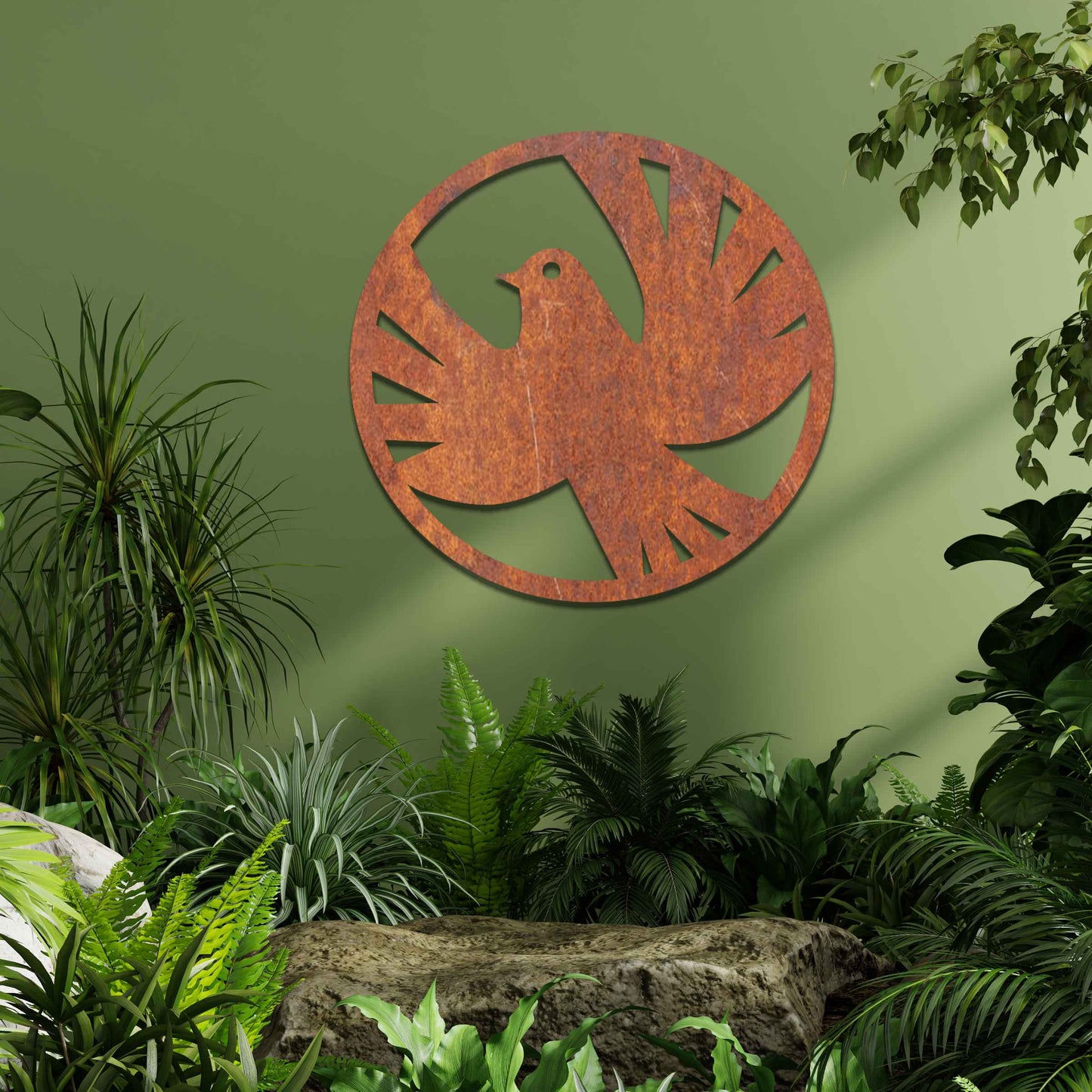 Metal garden decoration featuring a dove silhouette within a circular frame, crafted with minimalist yet elegant detailing, symbolising peace and adding a refined artistic touch to outdoor walls or fences.