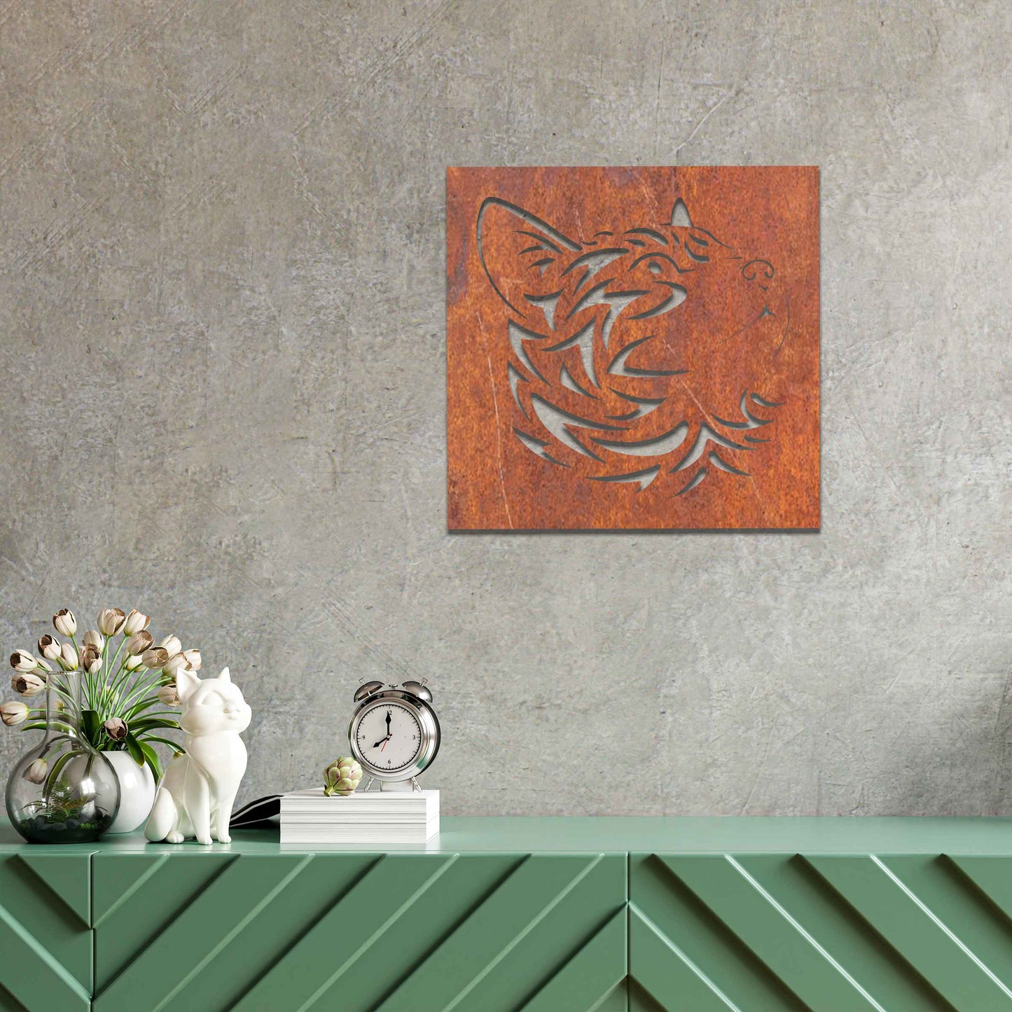 This artwork features a captivating metal design of a cat's face with intricate cut-out details, perfect for a modern, minimalistic decor setting. The cat's profile is beautifully crafted, adding a touch of elegance to any space.