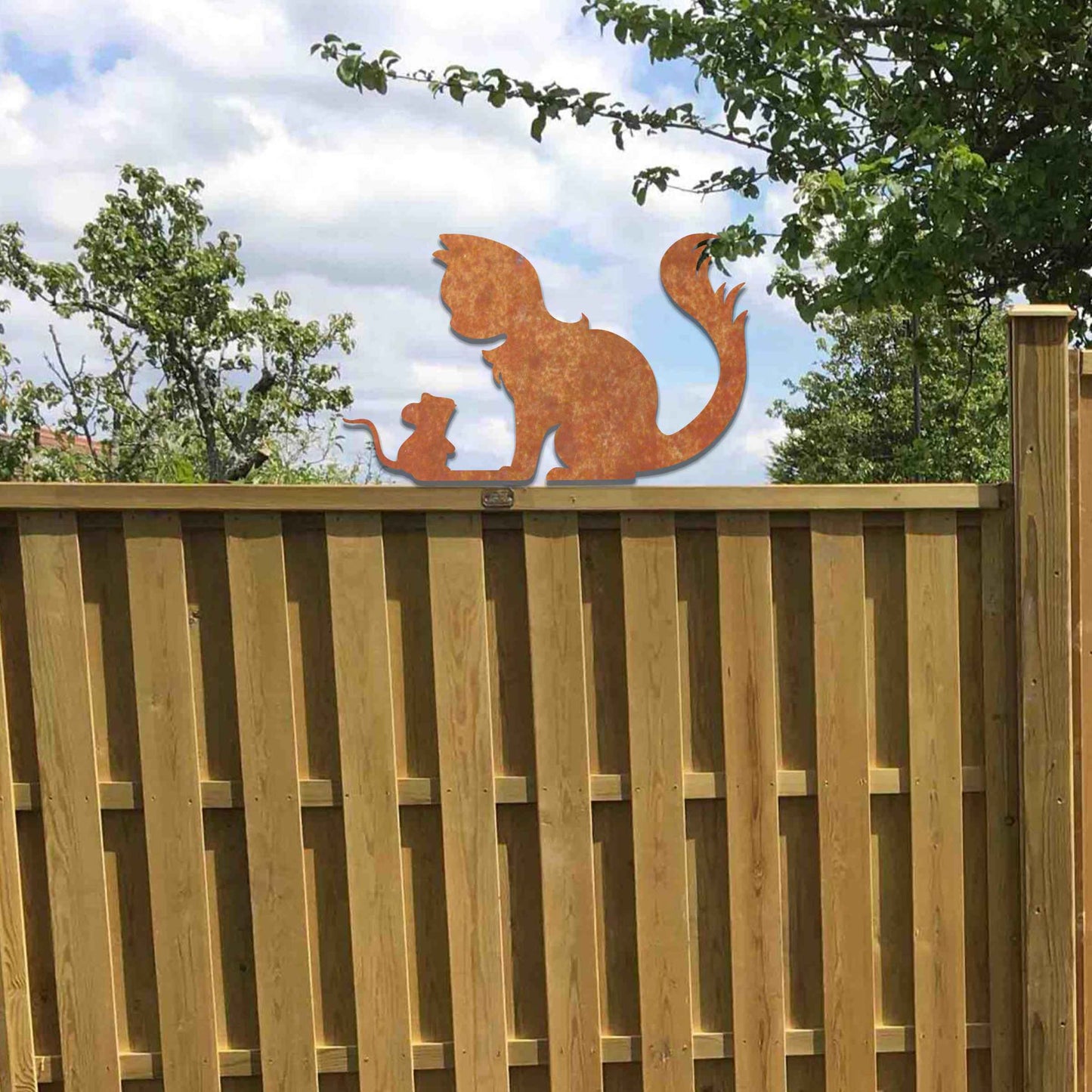 Metal garden decoration featuring a silhouette of a cat and mouse in a playful pose, adding a whimsical and rustic charm to outdoor spaces, perfectly suited for fence tops or garden walls.