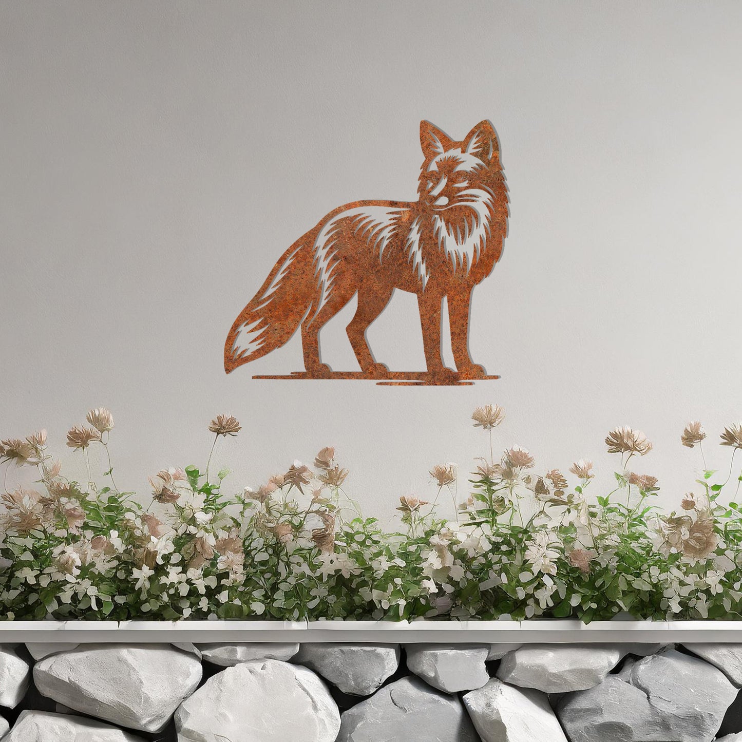 Metal wall decoration featuring a fox design with detailed fur patterns, adding a sleek and elegant touch to outdoor or indoor spaces, displayed against a neutral background to enhance its artistic appeal.