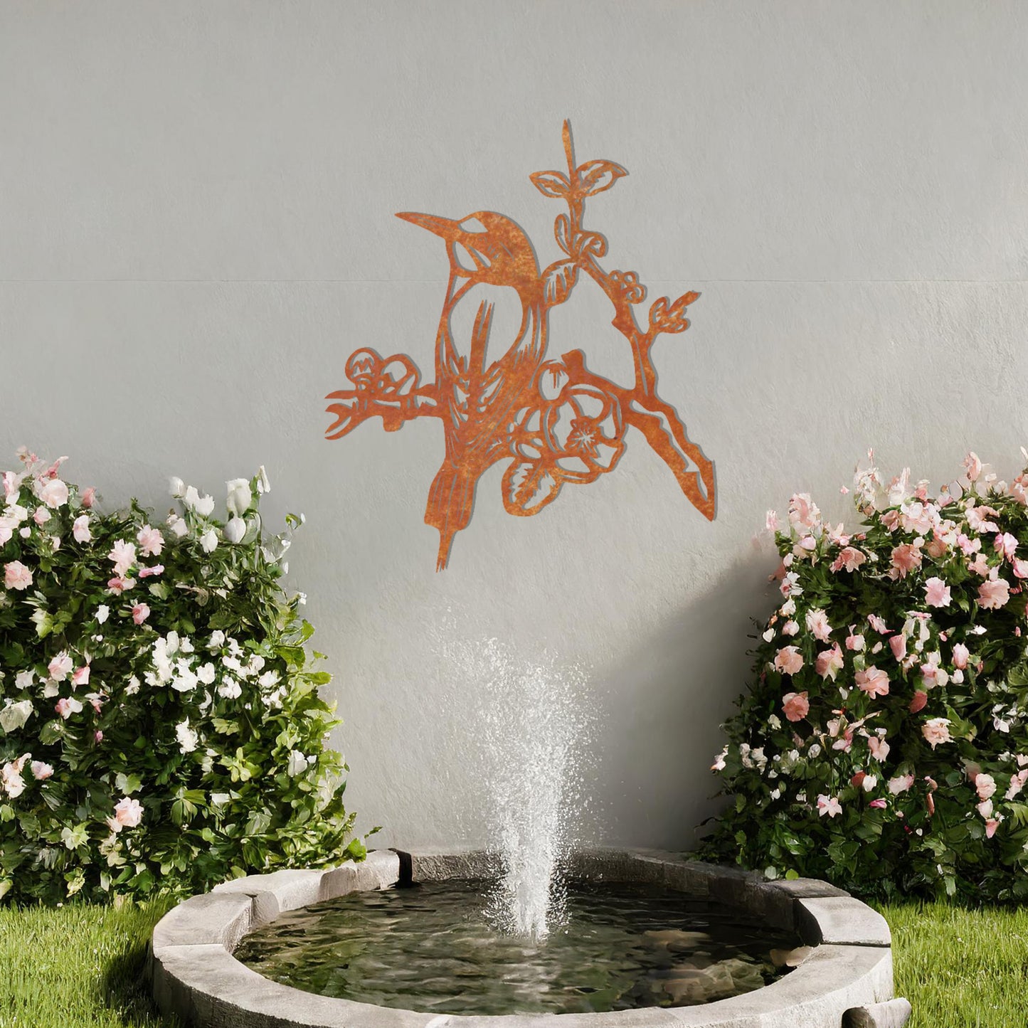 This design showcases a perched bird surrounded by detailed blossoms and branches. The intricate artistry highlights the bird's delicate features and the natural elegance of the flowers, making it a beautiful addition to any nature-inspired space.