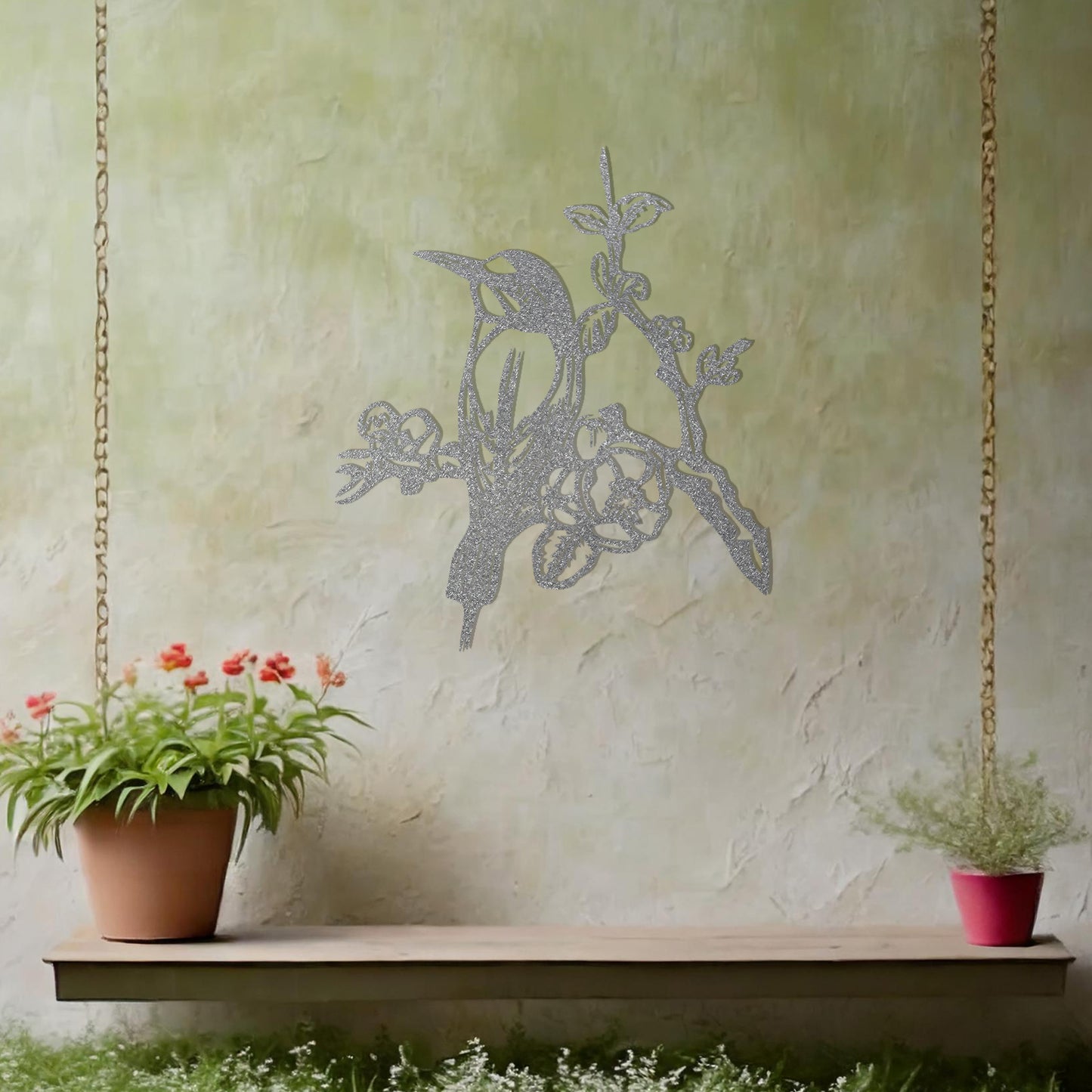 This design showcases a perched bird surrounded by detailed blossoms and branches. The intricate artistry highlights the bird's delicate features and the natural elegance of the flowers, making it a beautiful addition to any nature-inspired space.
