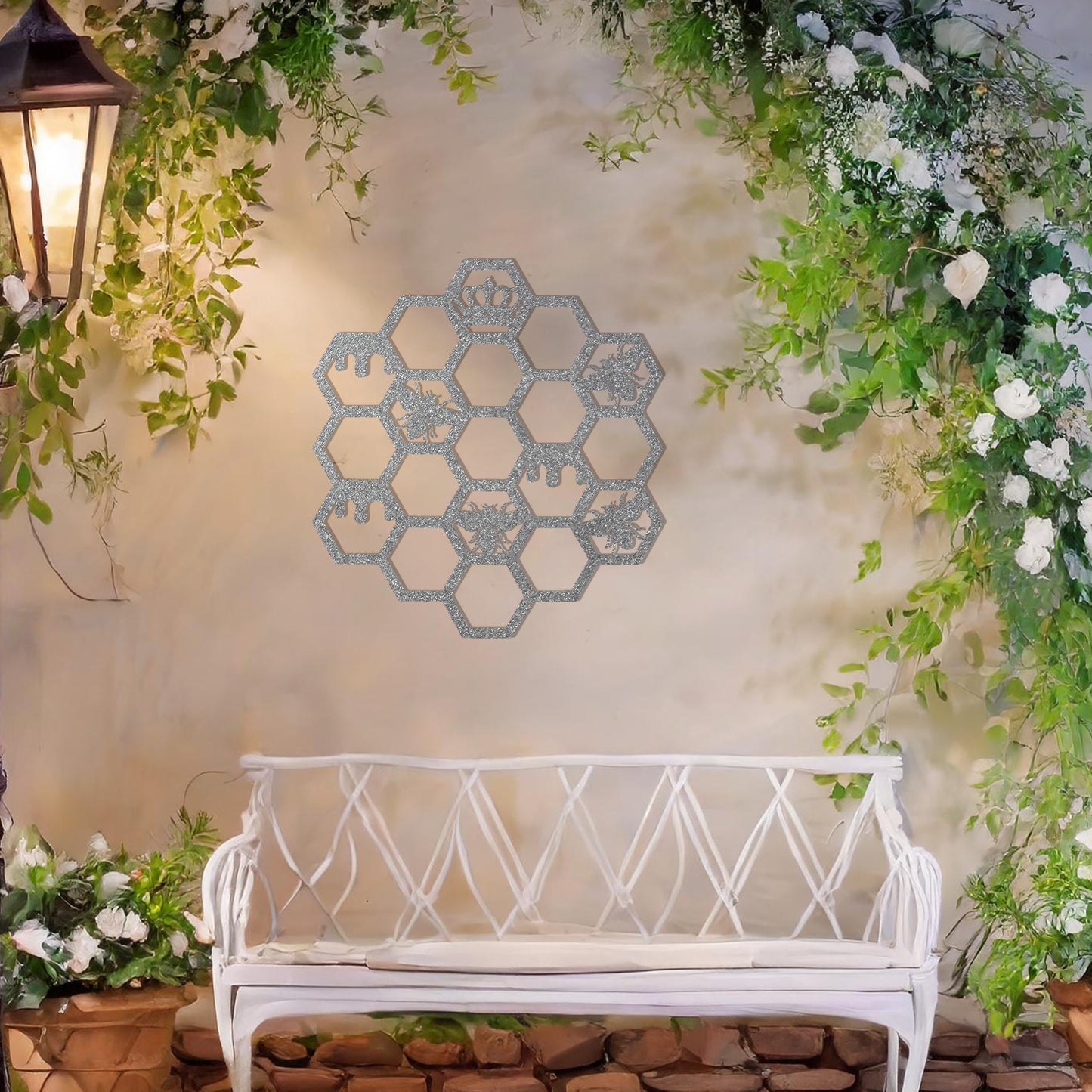This design showcases a geometric honeycomb pattern with detailed depictions of bees and crowns within the hexagonal cells. The intricate arrangement symbolises the industrious and regal nature of bees, making it a stunning and meaningful decor piece.