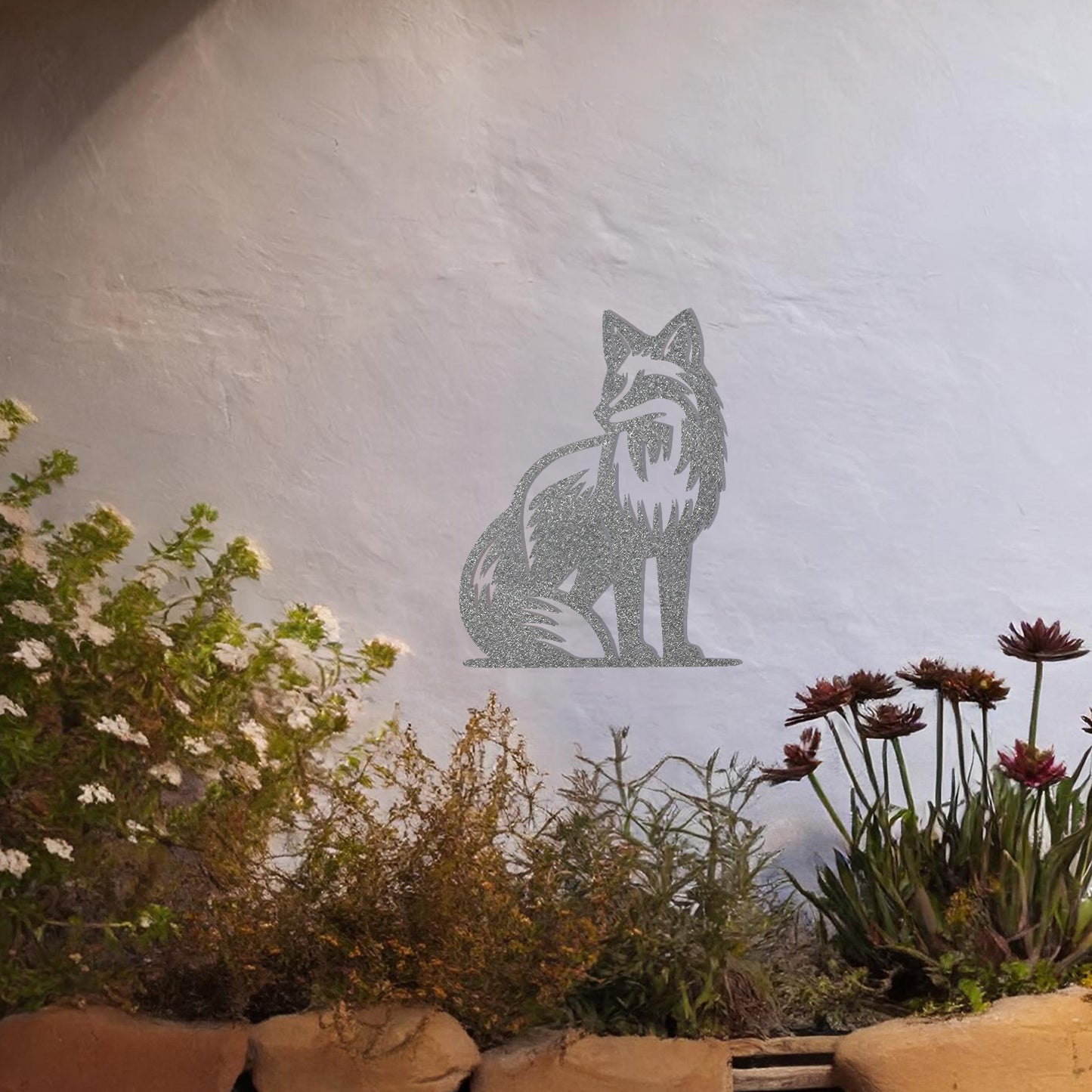 This design features a seated fox with graceful detailing and a poised stance. The intricate line work captures the essence of the fox's fur and its sleek form, making it a stunning decorative piece for any nature-inspired or rustic-themed space.