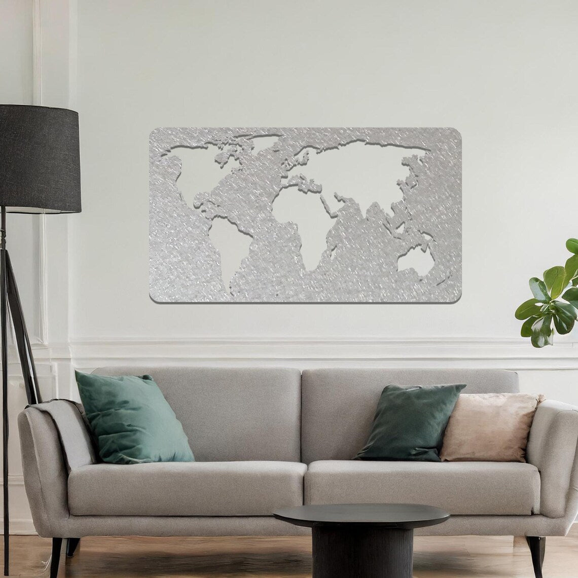 Metal wall art featuring a rectangular world map design with precise continent outlines, serving as a stylish and sophisticated addition to the space.
