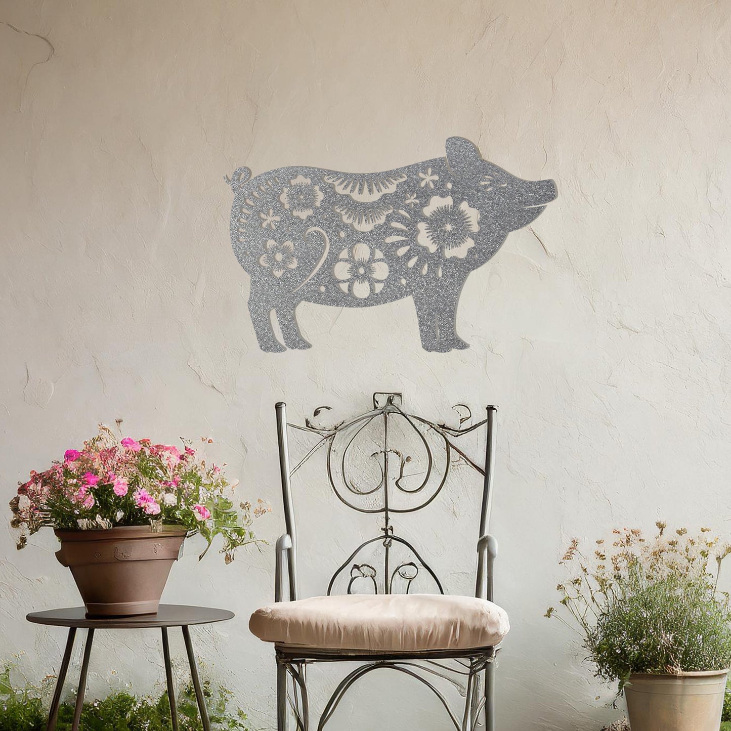 This design features a charming pig silhouette adorned with delicate floral patterns and intricate decorative details. The whimsical style of the artwork makes it a delightful addition to spaces looking for a playful yet artistic element. Perfect for rustic or countryside-inspired settings.