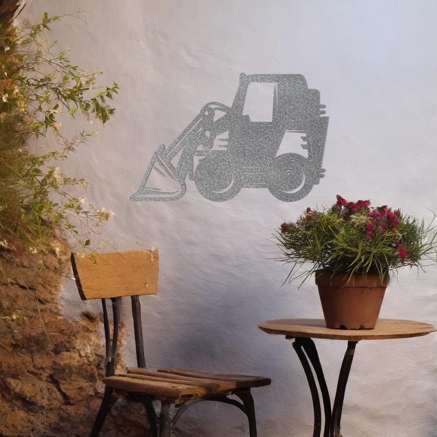This design highlights a construction vehicle silhouette, featuring a detailed depiction of a backhoe loader with clear lines and bold shapes. Perfect for adding a rugged, industrial charm to a space or as a unique gift for heavy machinery enthusiasts.