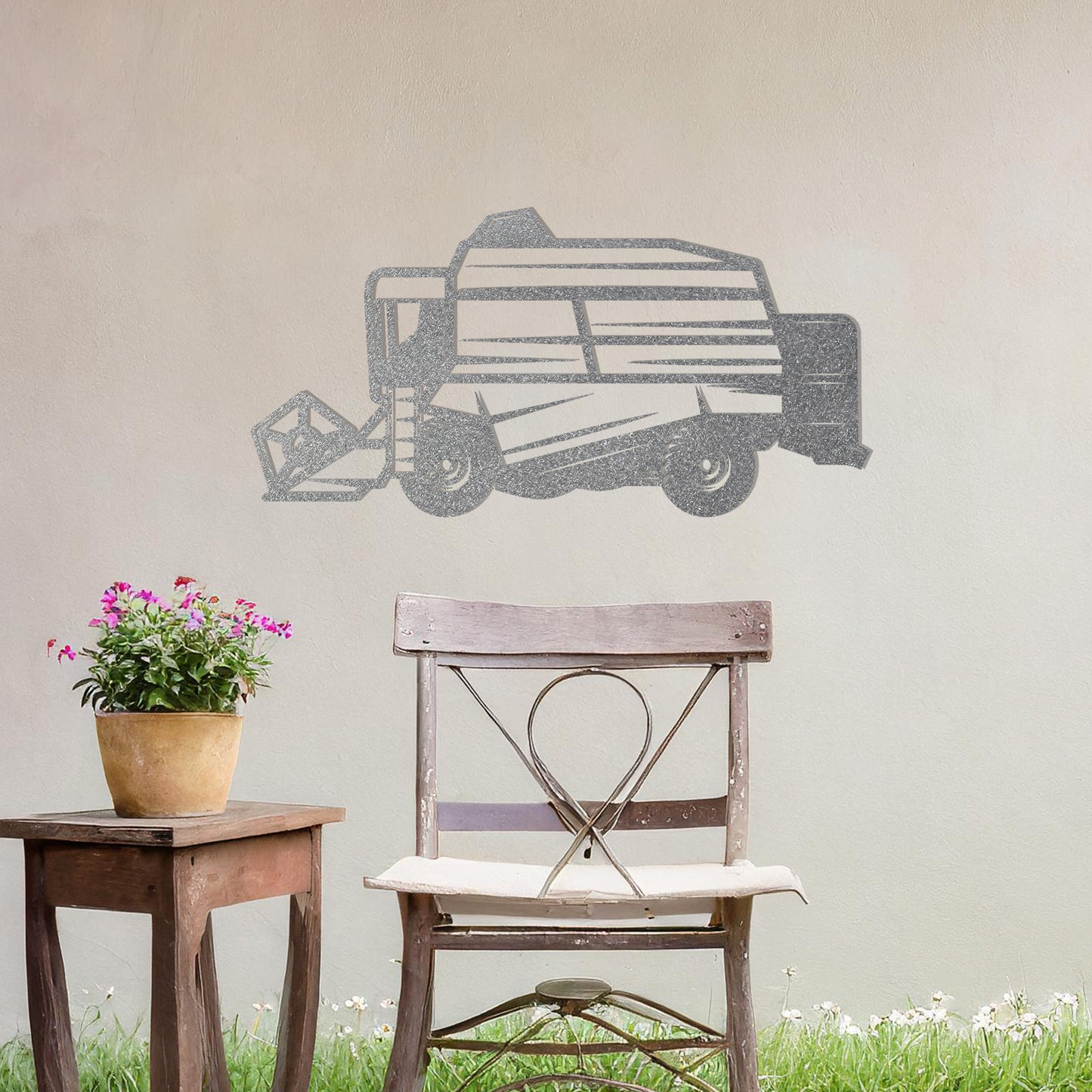 This wall art features a detailed depiction of a combine harvester, showcasing intricate lines and precise cuts that highlight its machinery and structure. Ideal for agricultural-themed spaces or as a gift for farming enthusiasts.