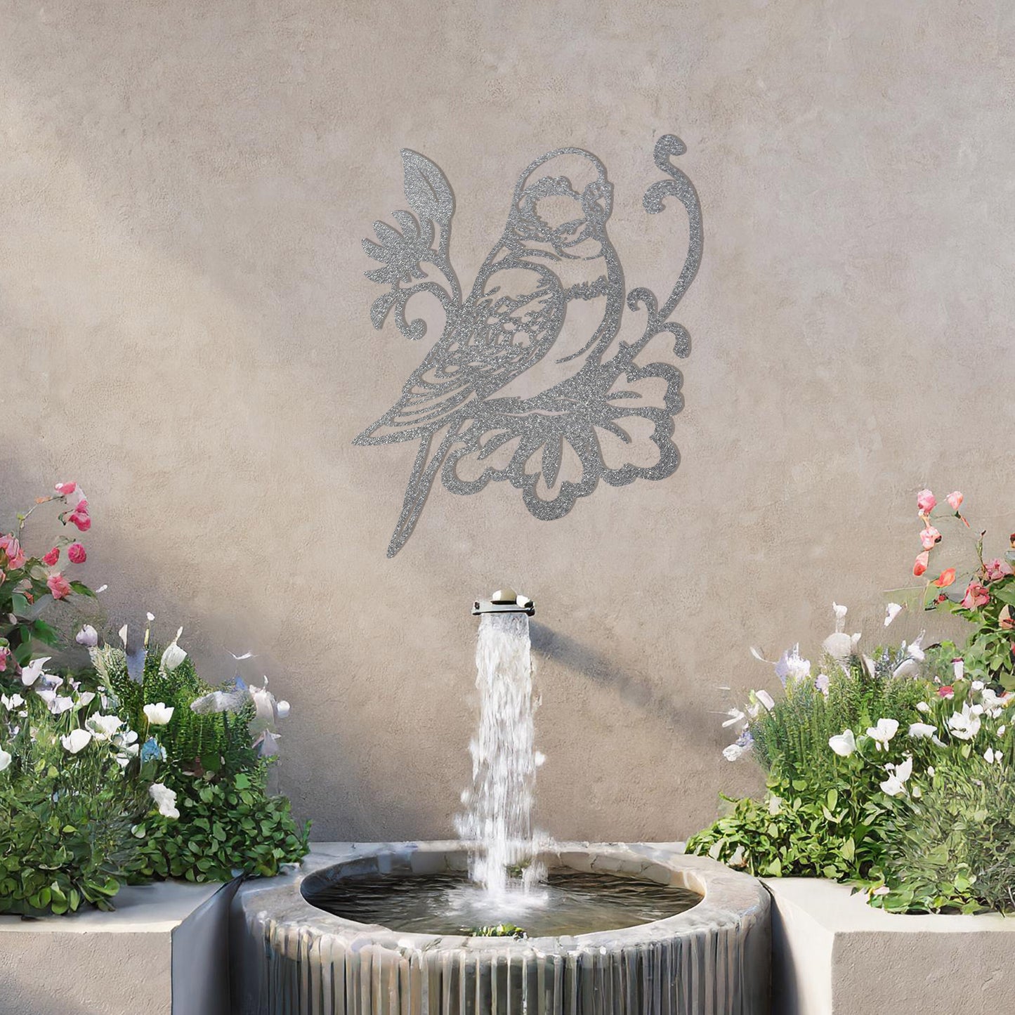 This image features a beautifully designed parrot perched on a floral motif. The bird's detailed feathers and the intricate floral elements create a graceful, organic feel. This would make an elegant and peaceful addition to any space.