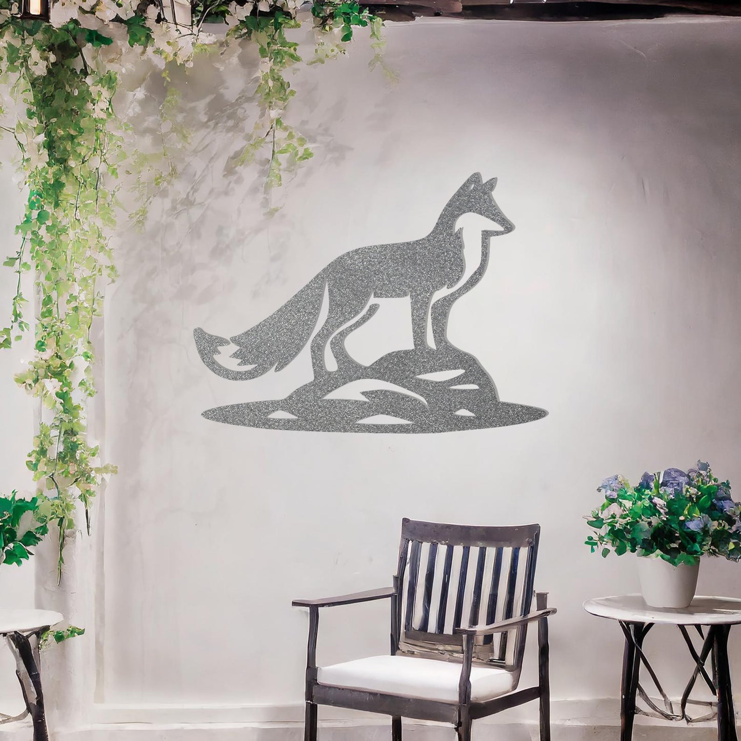 This design features a fox standing on a rocky surface, exuding a sense of vigilance and strength. The sleek and artistic cut highlights the fox's majestic posture, making it an eye-catching addition to any wall decor.