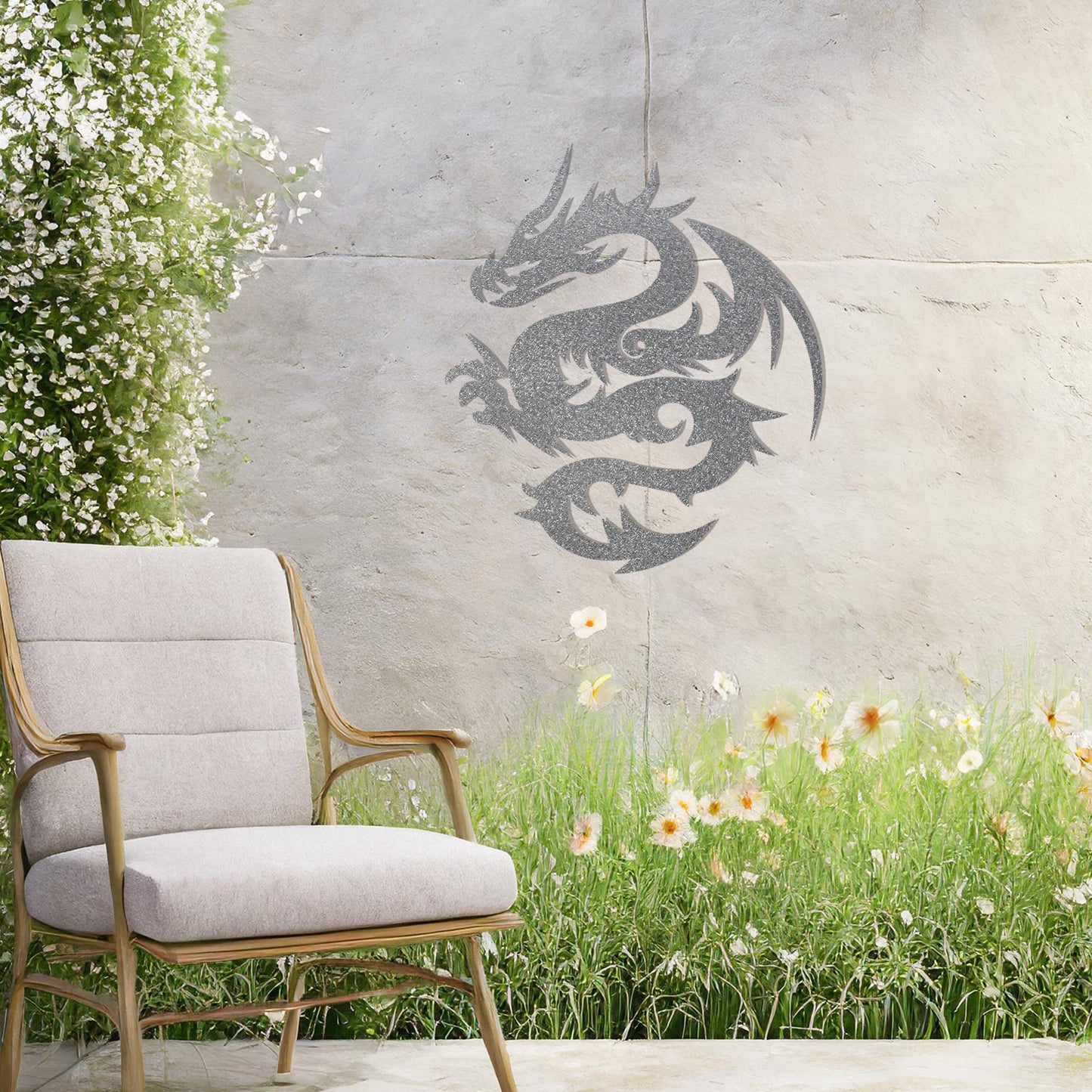 A bold metal wall art design featuring a stylised dragon in a dynamic pose, showcasing intricate curves and sharp details that capture its fierce and mythical essence.