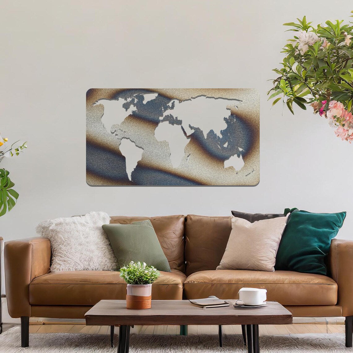 Metal wall art featuring a rectangular world map design with precise continent outlines, serving as a stylish and sophisticated addition to the space.