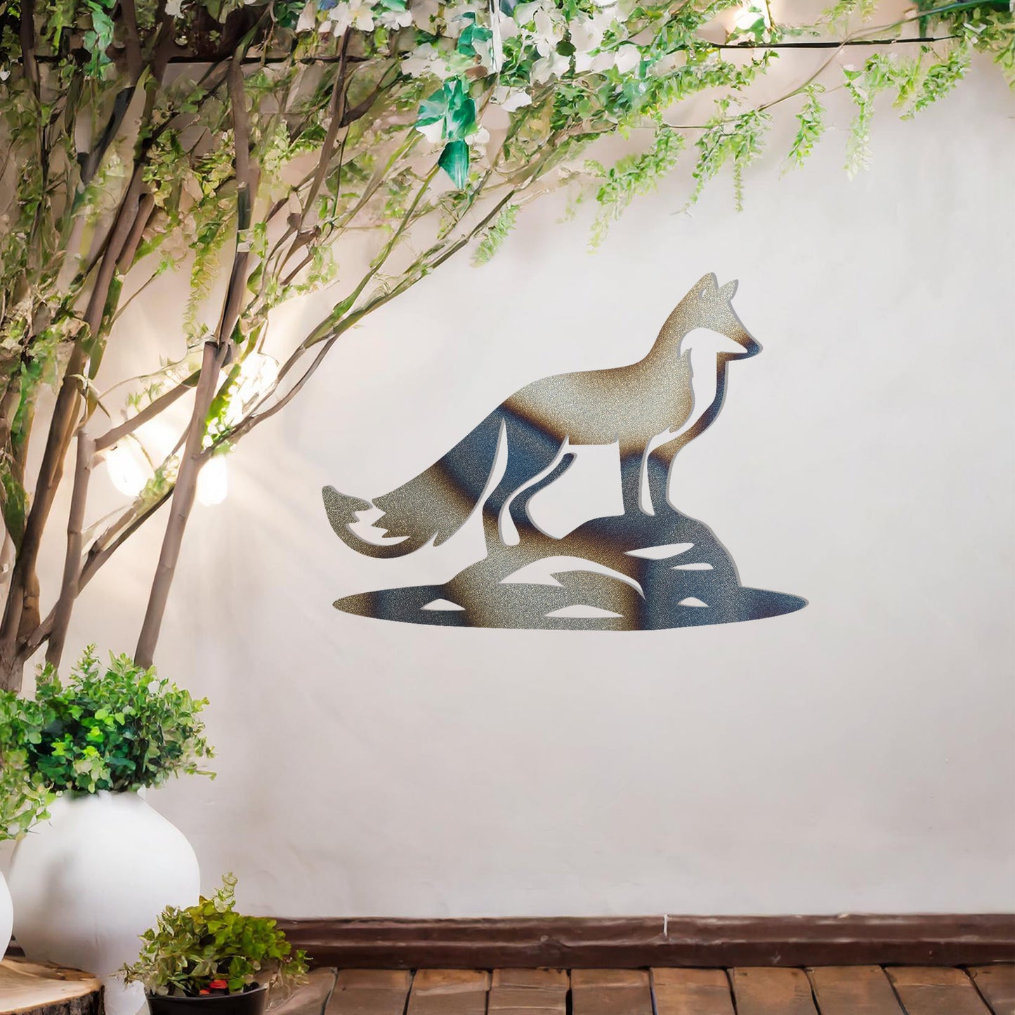 This design features a fox standing on a rocky surface, exuding a sense of vigilance and strength. The sleek and artistic cut highlights the fox's majestic posture, making it an eye-catching addition to any wall decor.