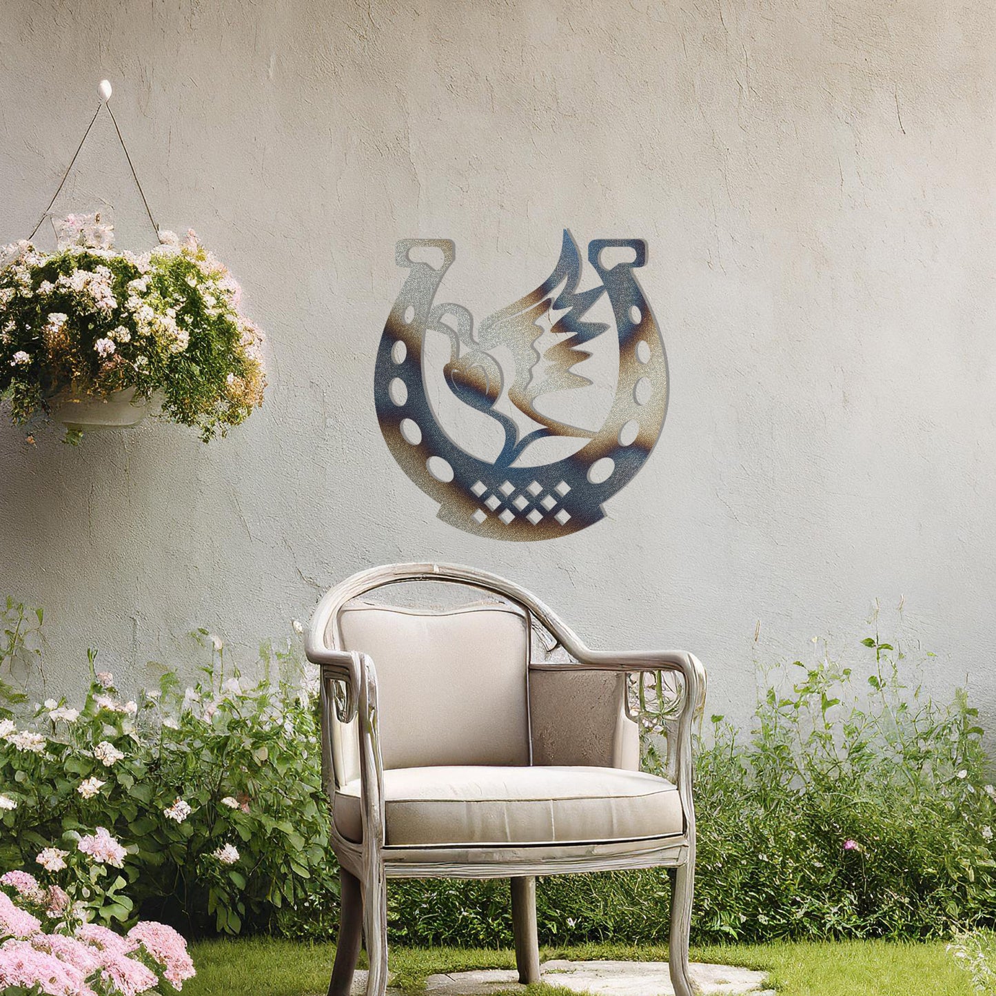 This wall art features a horseshoe design with a dove in flight carrying a heart at its center, symbolising peace and luck. A meaningful and stylish addition to any space with its intricate details and balanced composition.