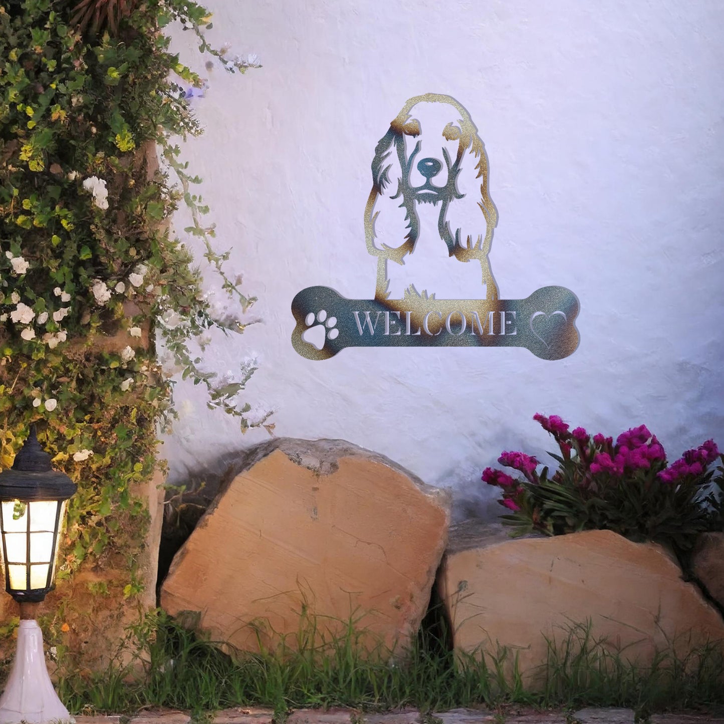 Metal Cocker Spaniel dog design with a bone-shaped 'WELCOME' text and paw prints, perfect for adding a friendly and welcoming touch to entryways or outdoor spaces.